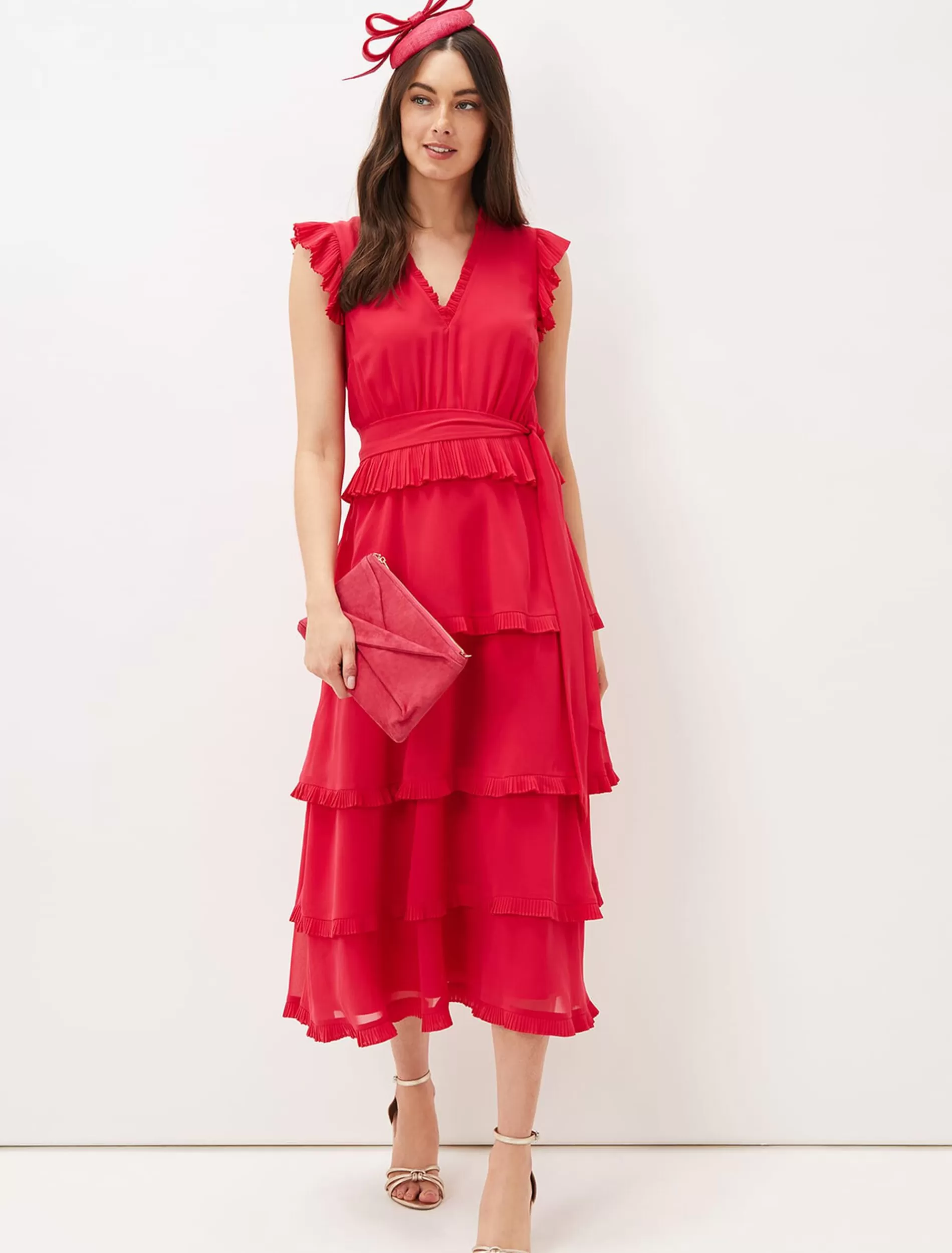 Phase Eight Josephina Tiered Midi Dress Lipstick Hot