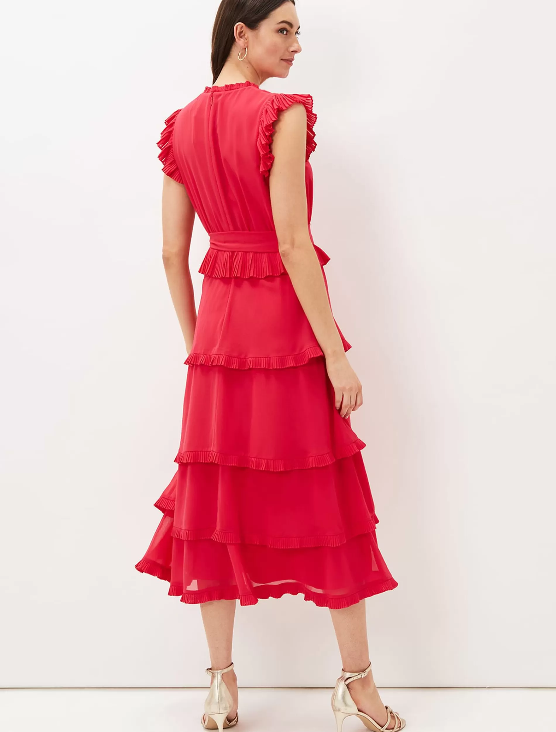Phase Eight Josephina Tiered Midi Dress Lipstick Hot