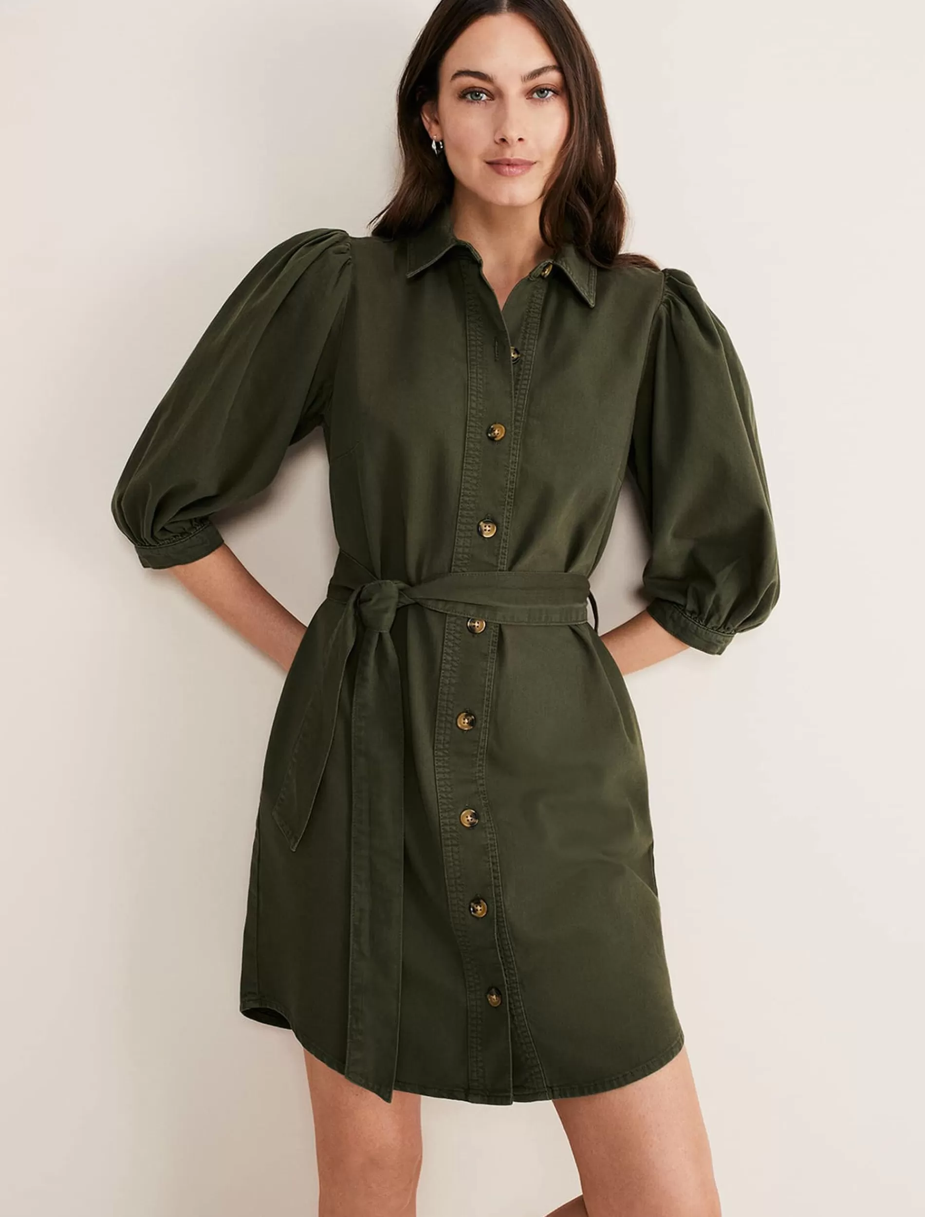 Phase Eight Josephine Denim Puff Sleeve Dress Khaki Flash Sale