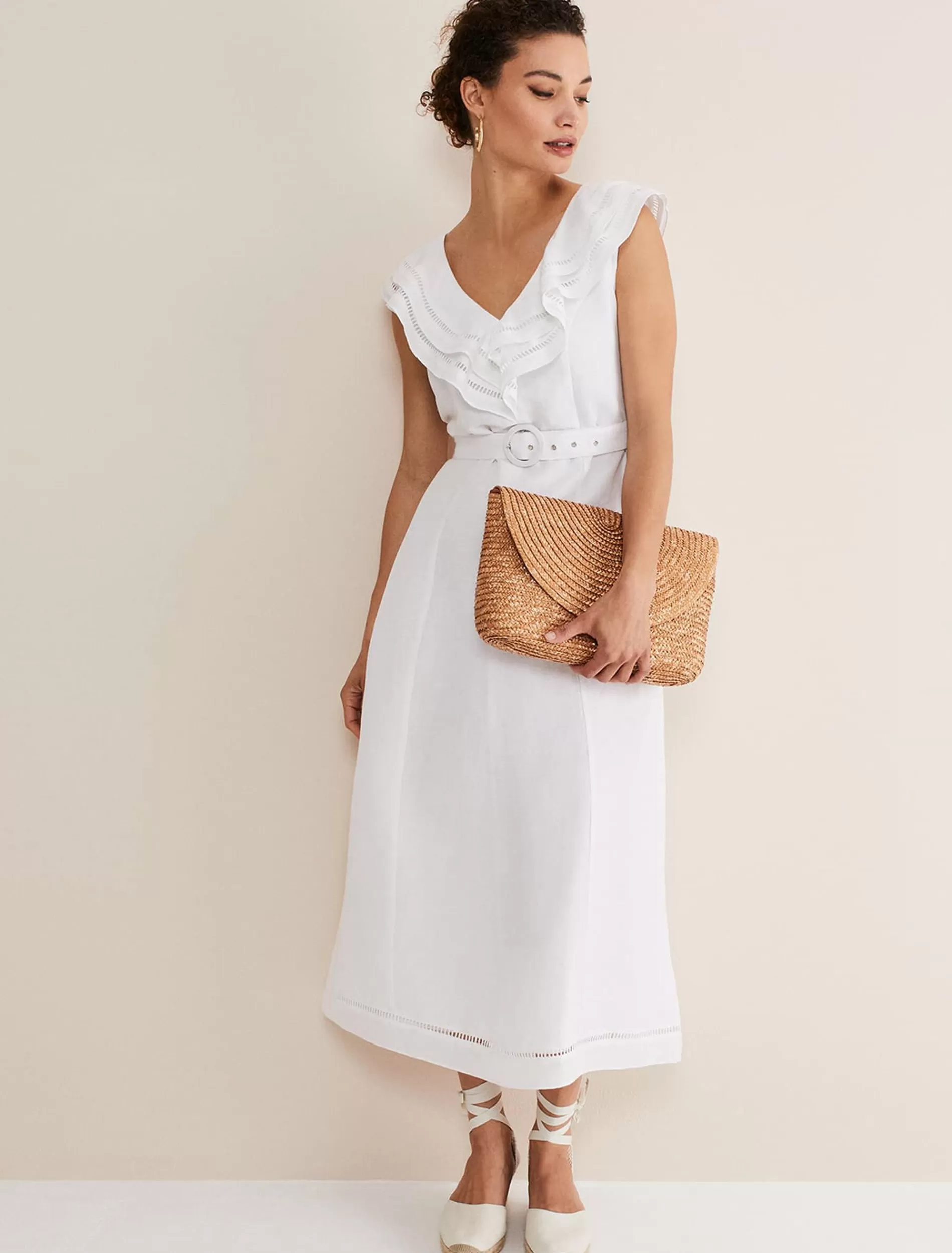 Phase Eight Julieta Frill Broderie Linen Midi Dress White Hot