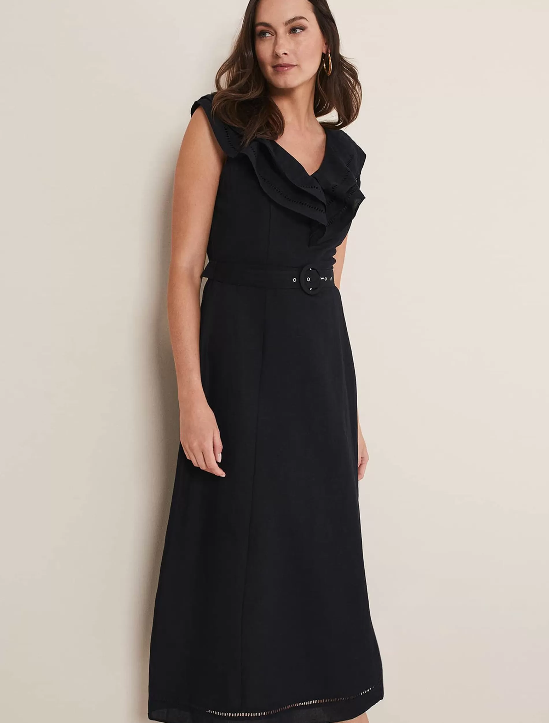 Phase Eight Julieta Frill Broderie Linen Midi Dress Black New