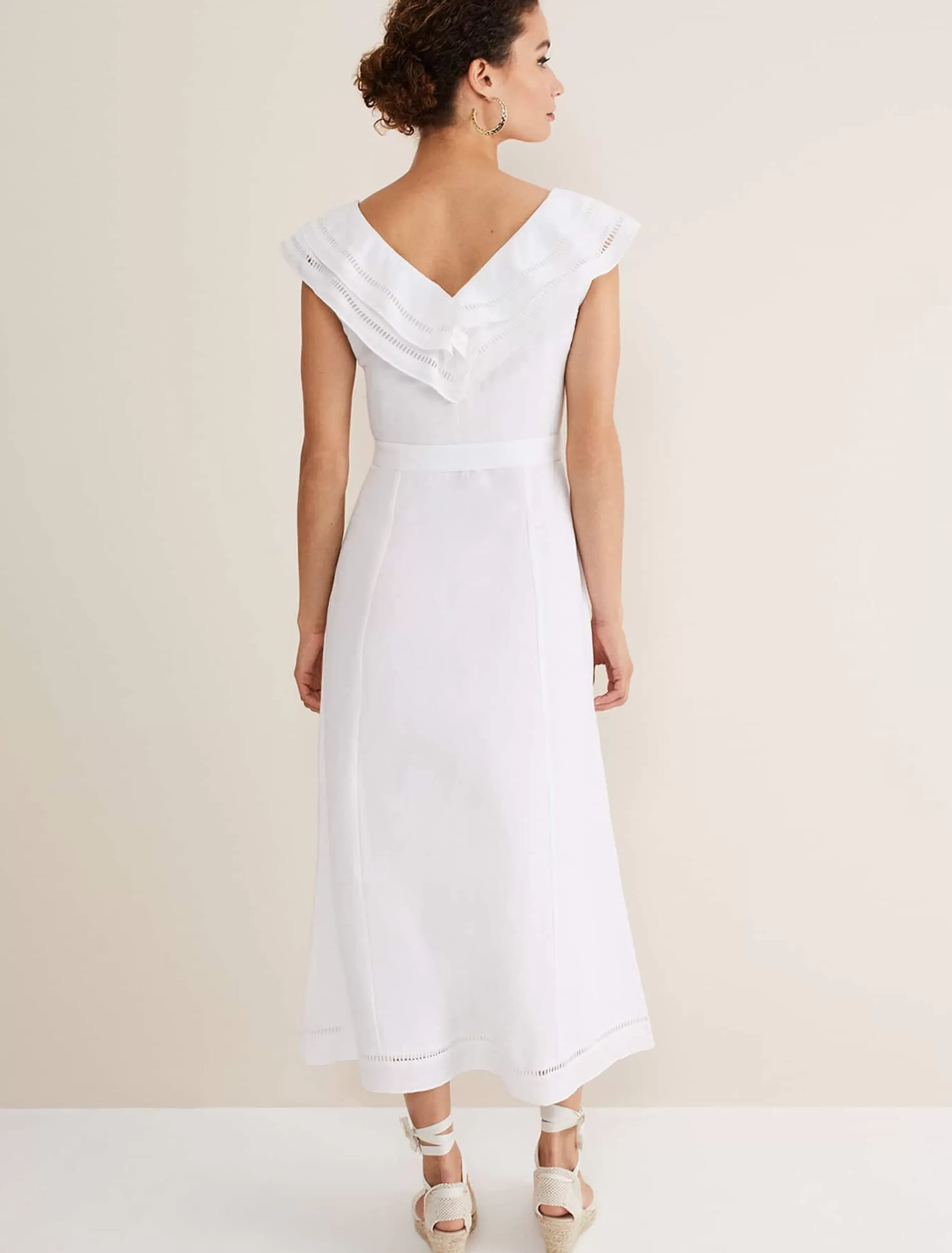 Phase Eight Julieta Frill Broderie Linen Midi Dress White Hot