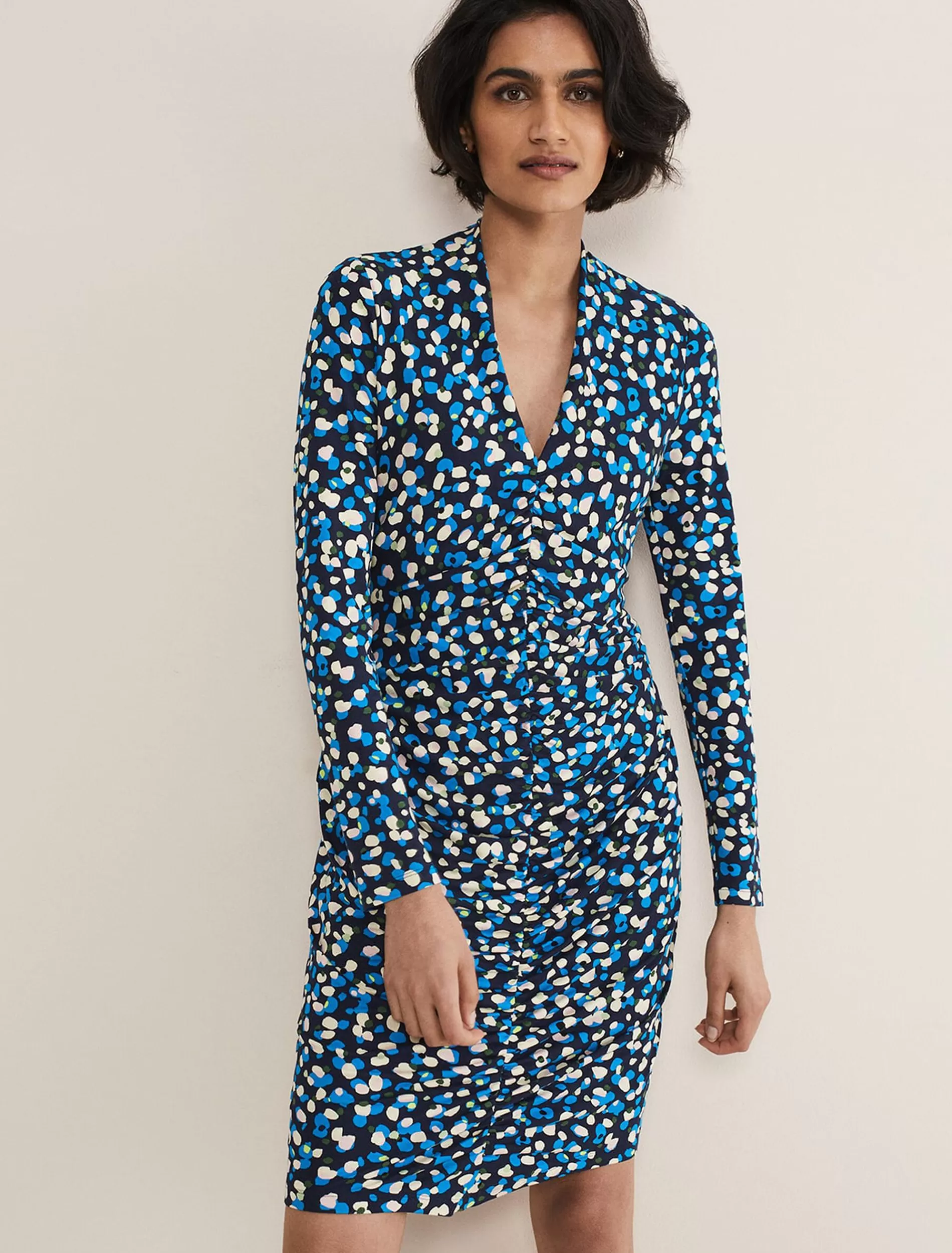 Phase Eight Juno Ruched V Neck Dotty Bodycon Dress Blue Multi Discount