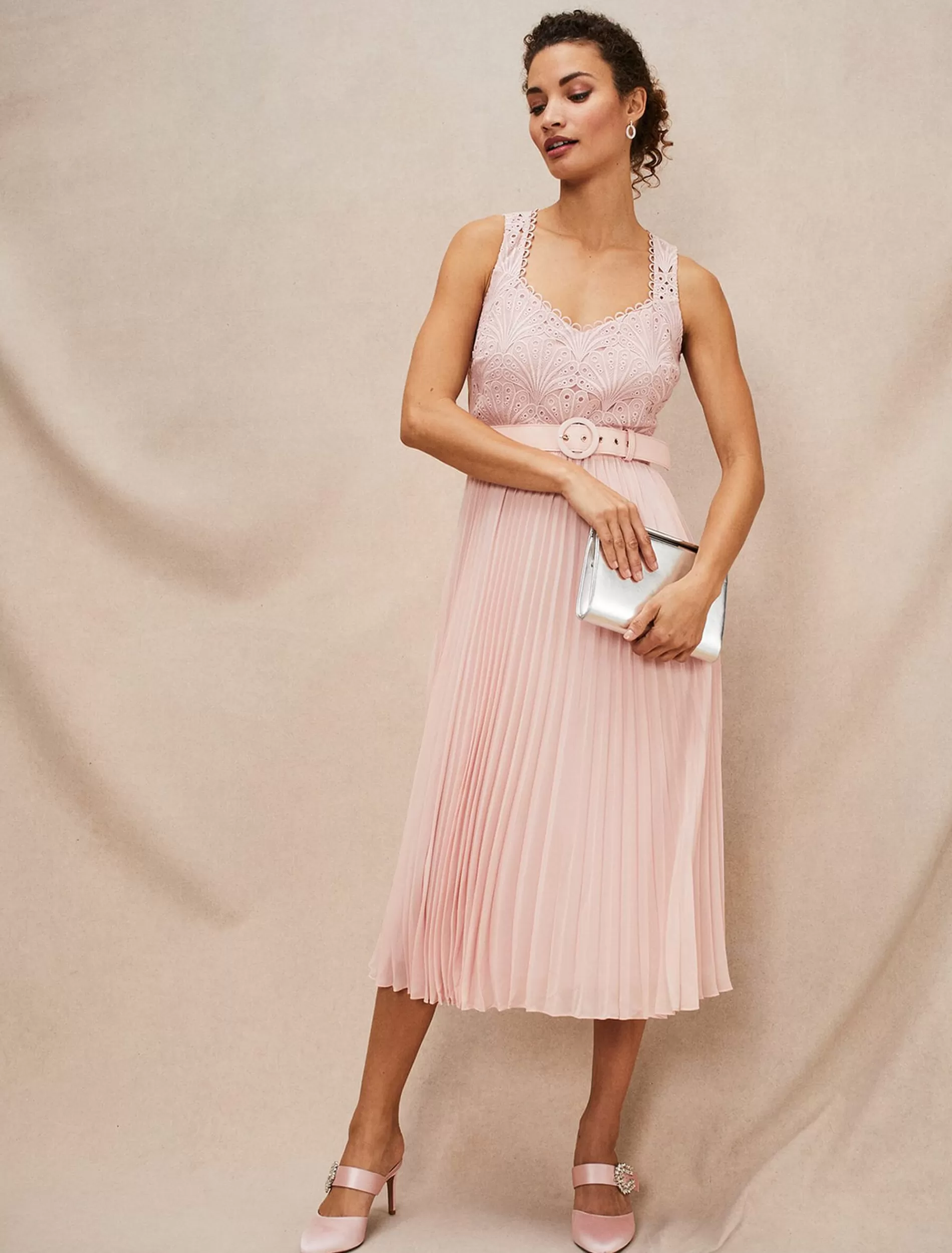 Phase Eight Kassidy Lace Bodice Pleat Dress Petal Pink Hot