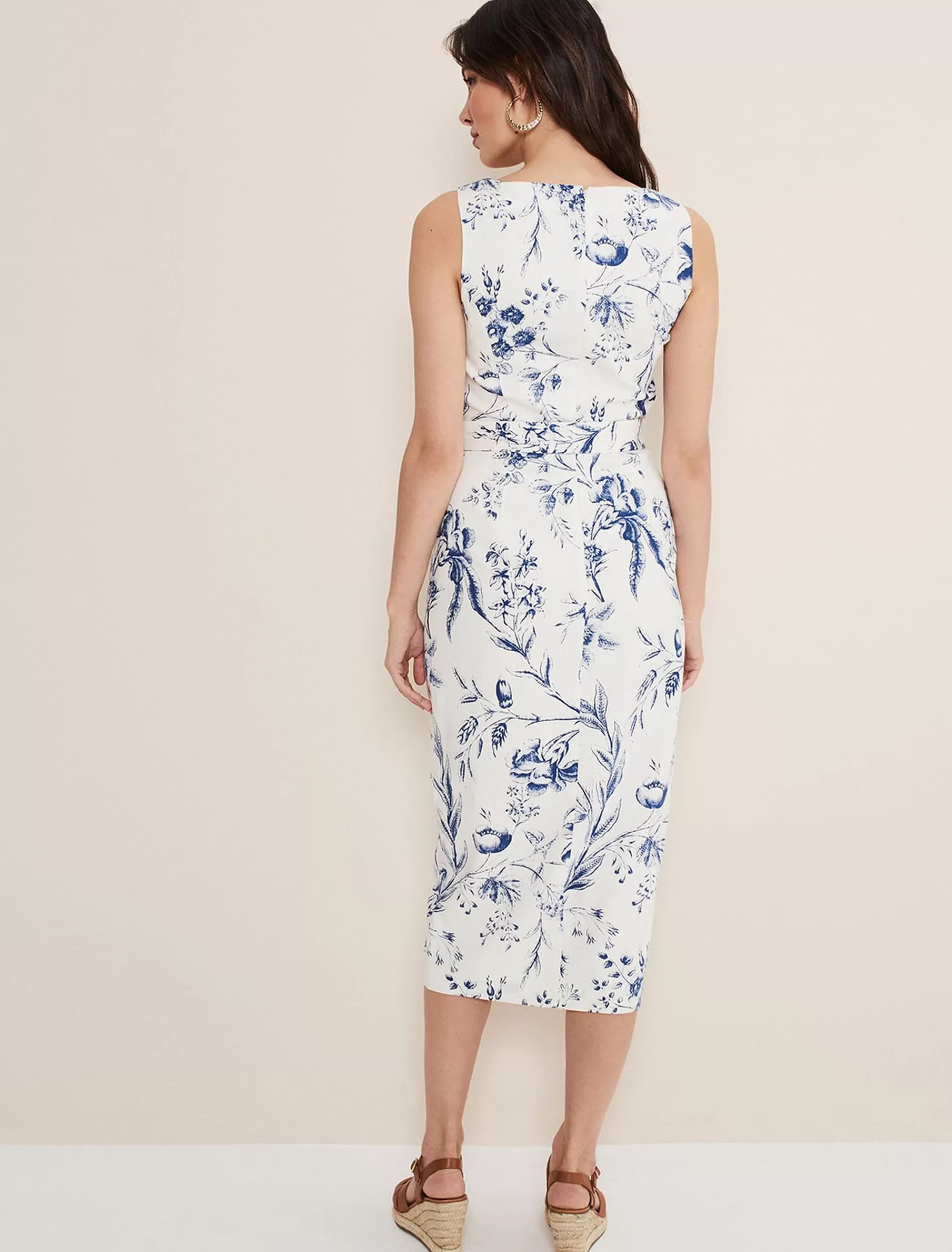Phase Eight Kaya Linen Floral Bodycon Midi Dress White/Blue Shop