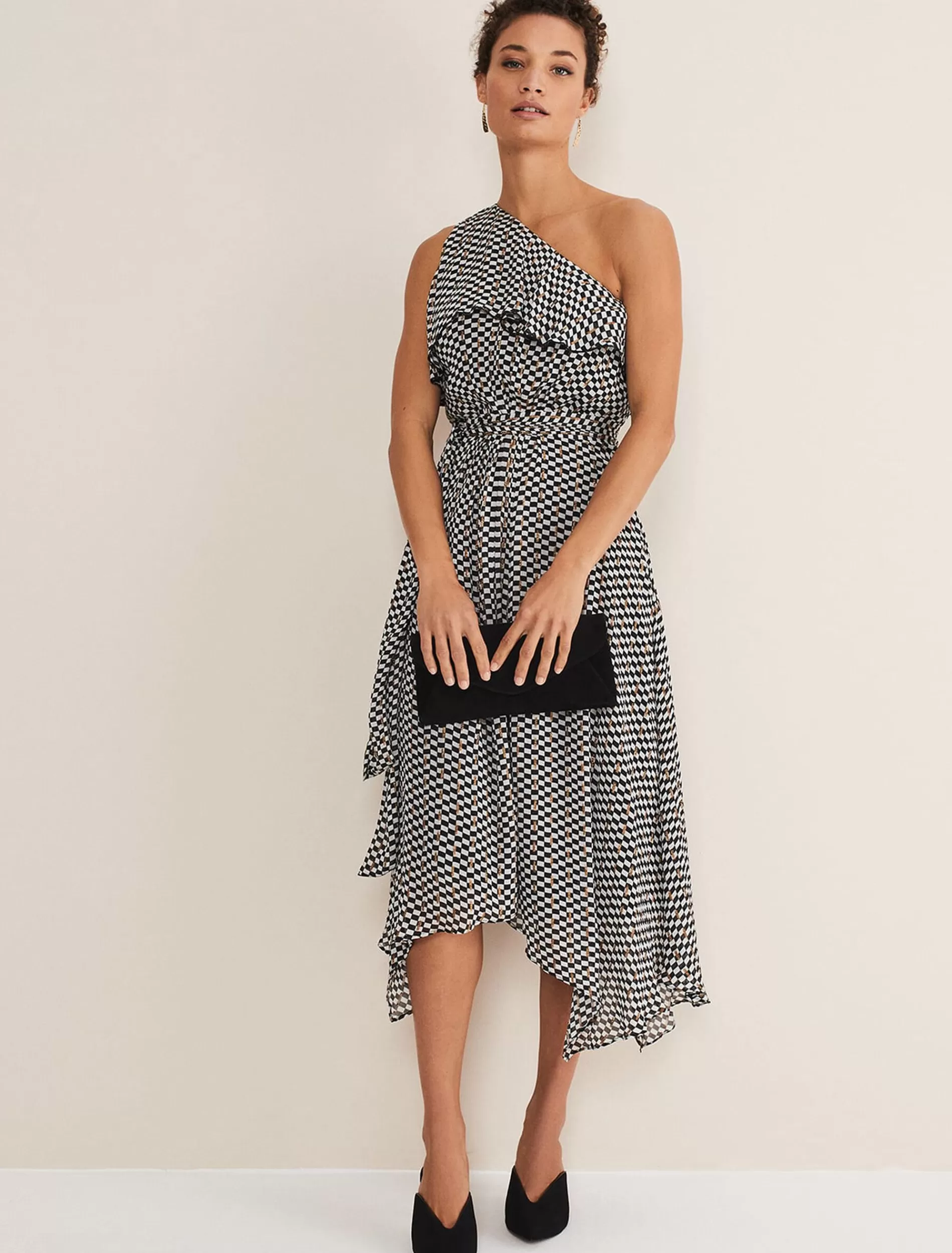 Phase Eight Kaz Checked One Shoulder Midi Dress Black/White Shop