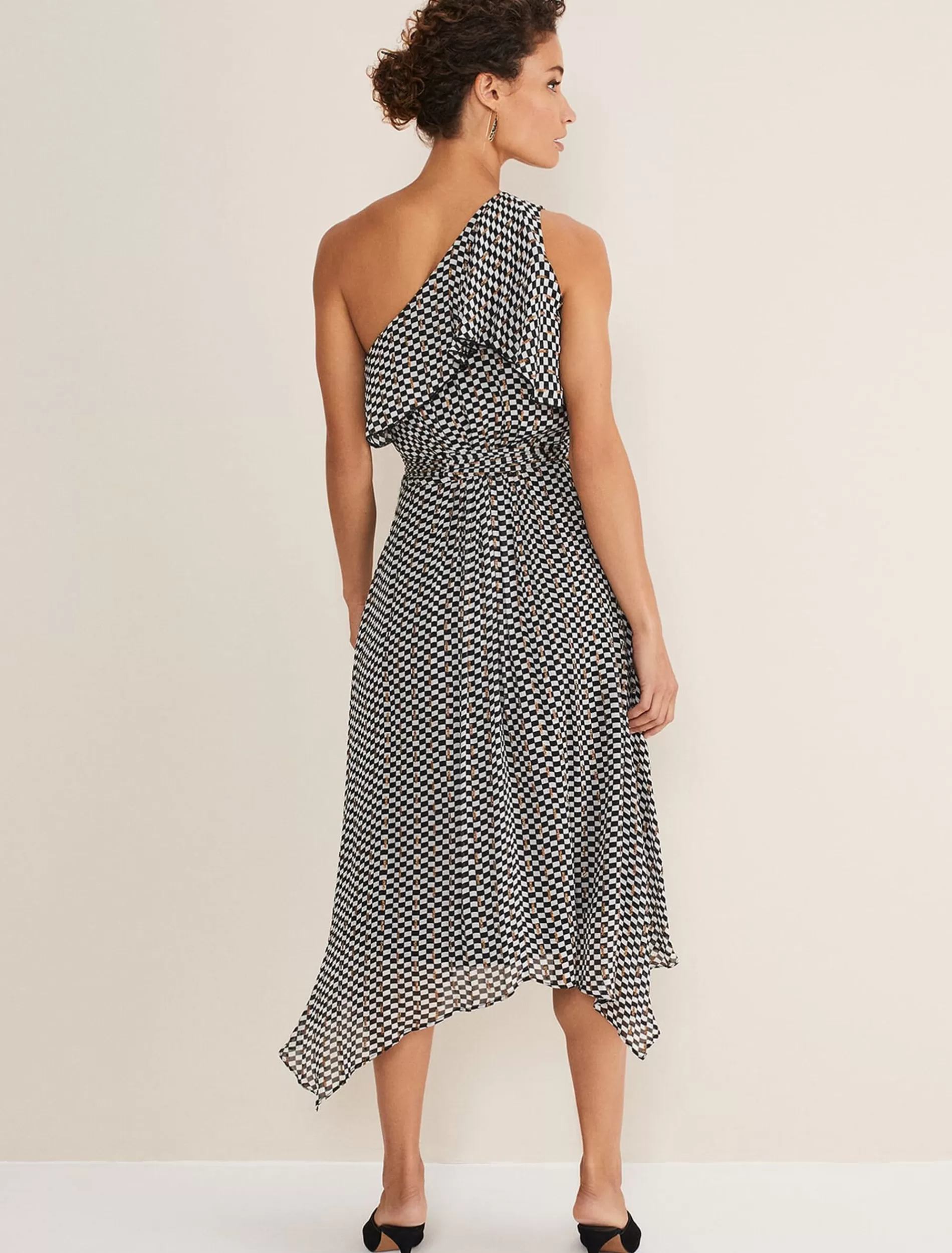 Phase Eight Kaz Checked One Shoulder Midi Dress Black/White Shop