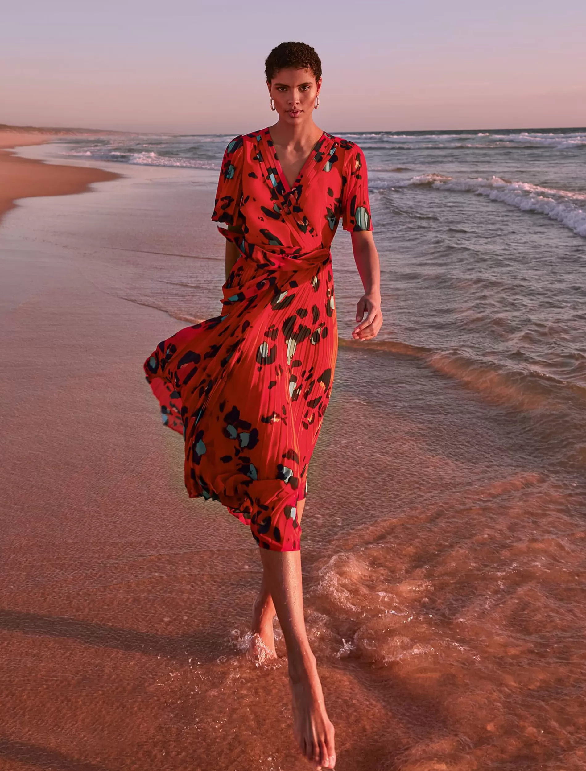 Phase Eight Kendall Butterfly Print Pleated Midi Dress Vermillion/Multi Clearance