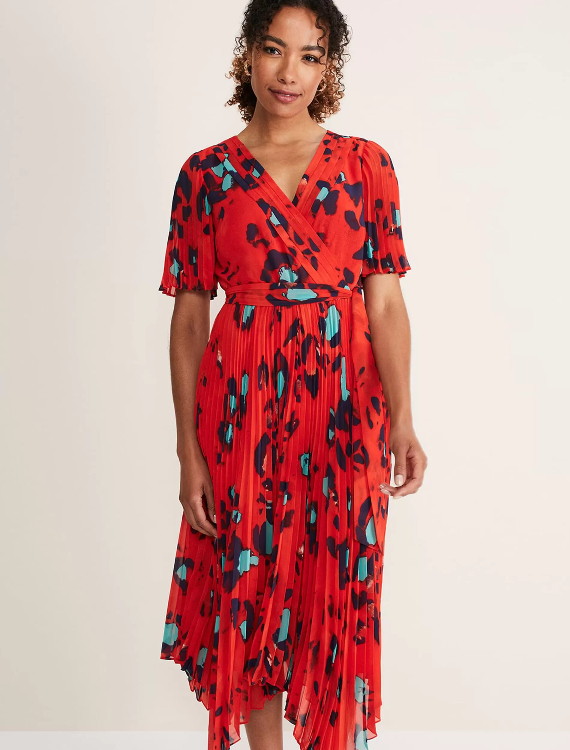 Phase Eight Kendall Butterfly Print Pleated Midi Dress Vermillion/Multi Clearance
