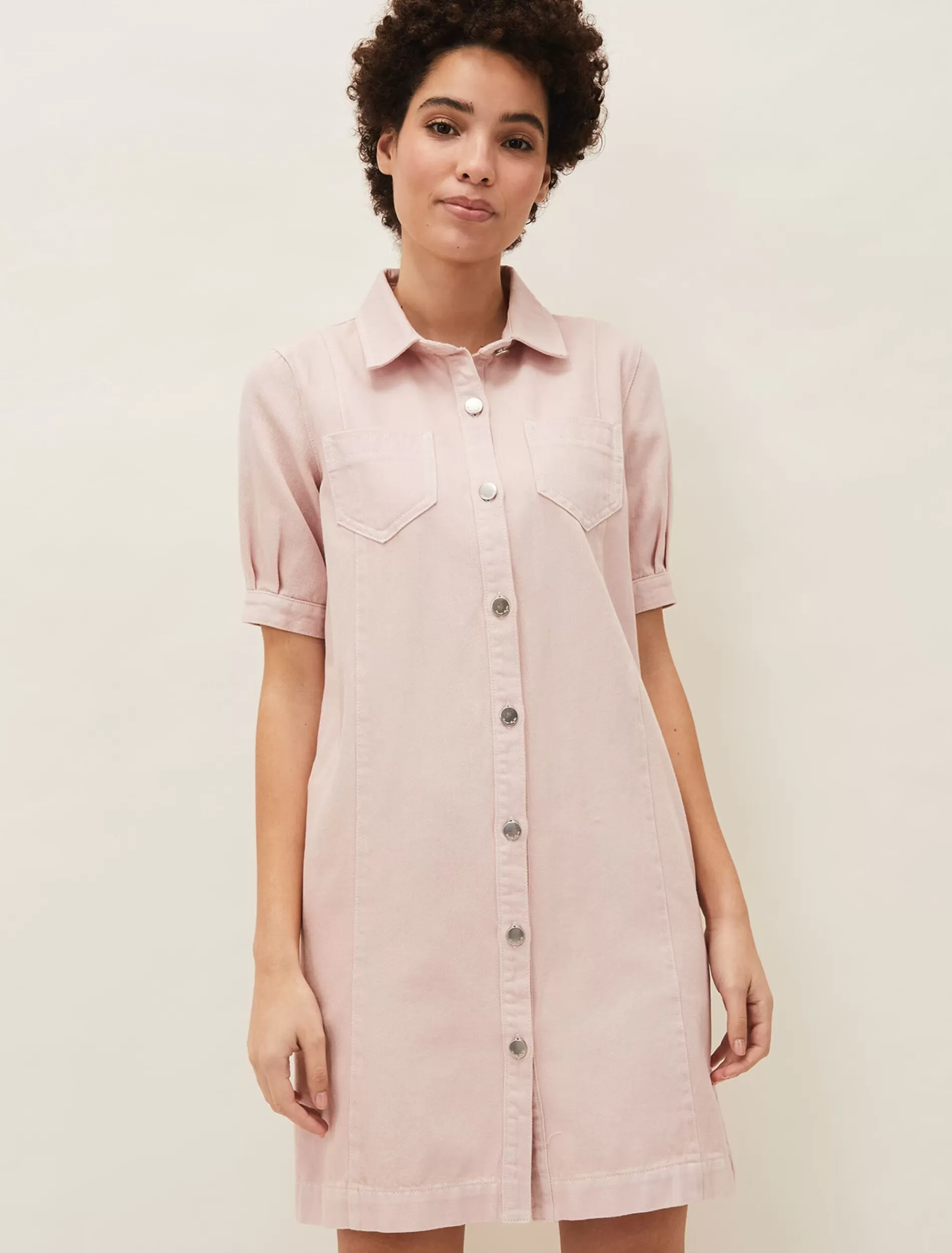 Phase Eight Kiah Puff Sleeve Denim Dress Pale Pink Outlet
