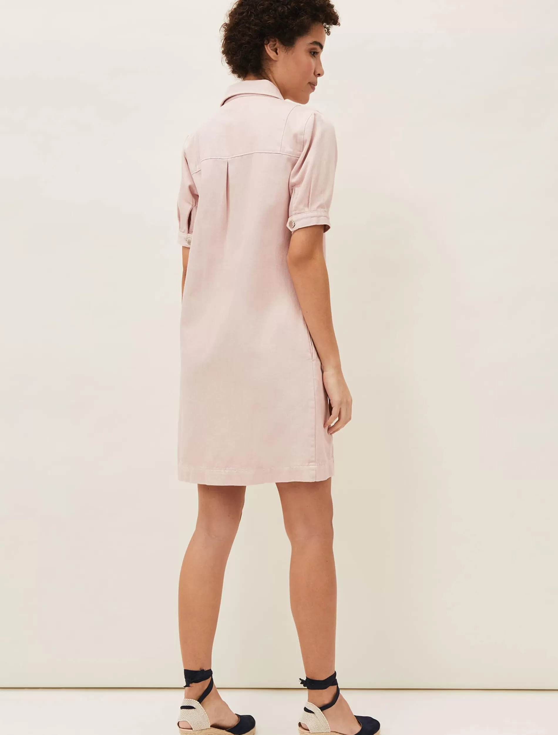 Phase Eight Kiah Puff Sleeve Denim Dress Pale Pink Outlet