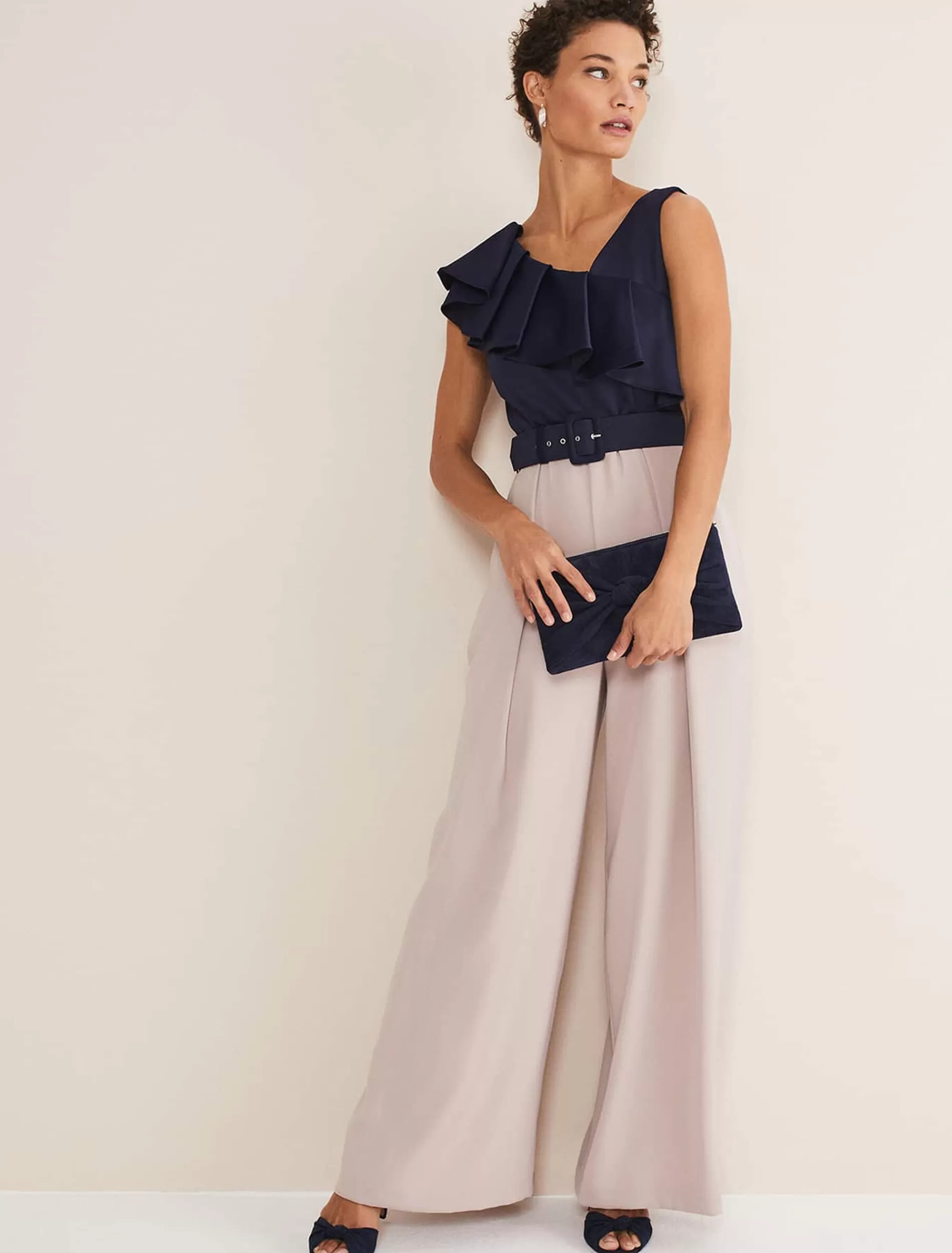 Phase Eight Kimberley Frill Jumpsuit Perussian Blue/Taupe Best