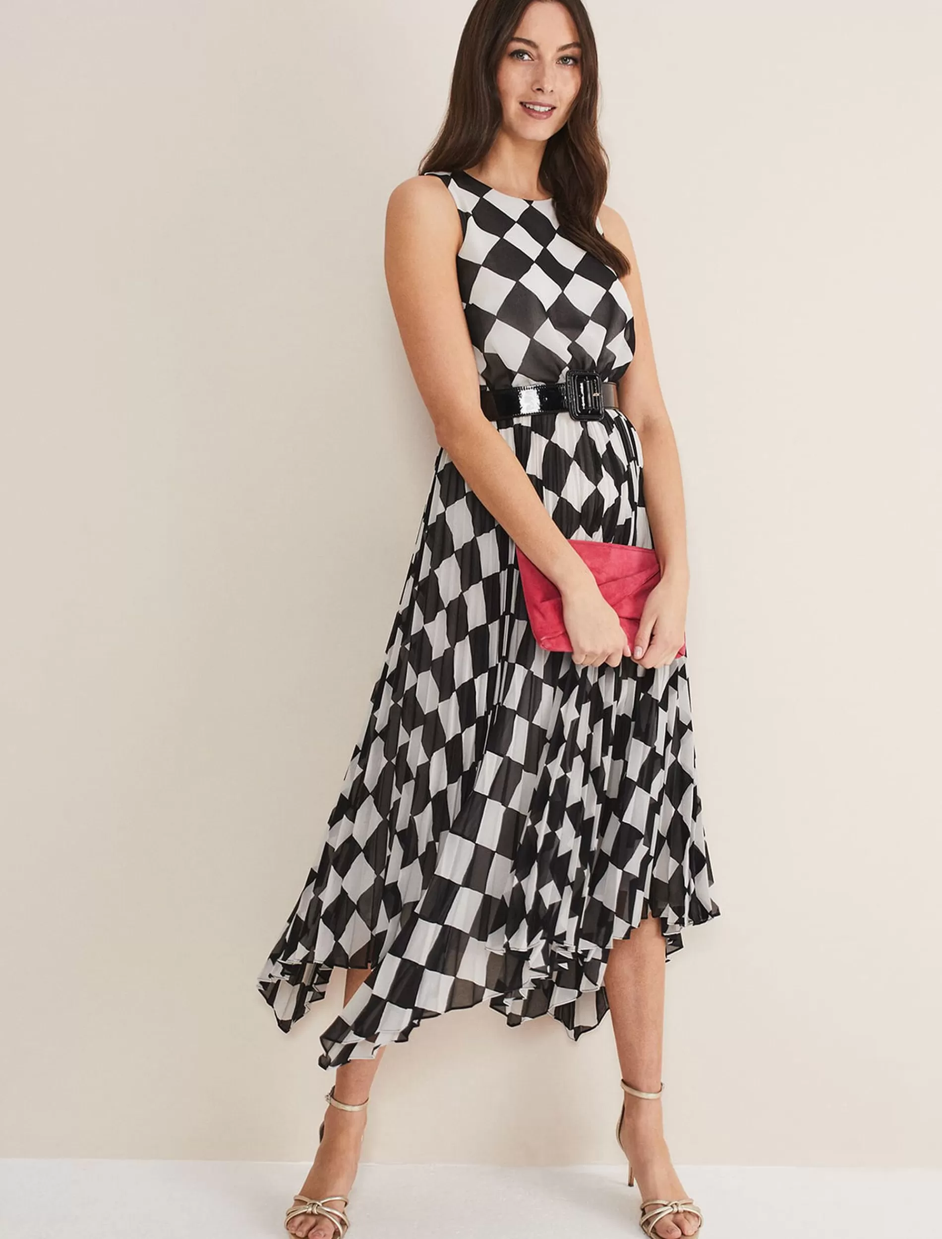 Phase Eight Laurel Checked Pleated Midi Dress Black/White Store