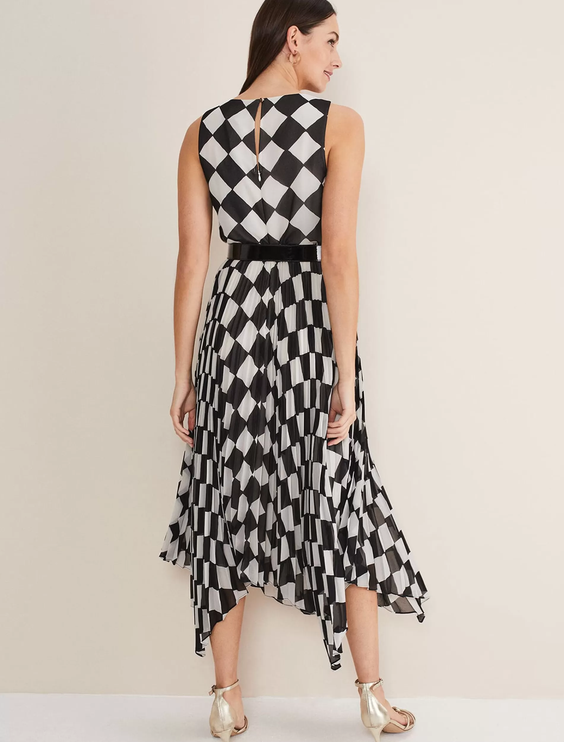Phase Eight Laurel Checked Pleated Midi Dress Black/White Store