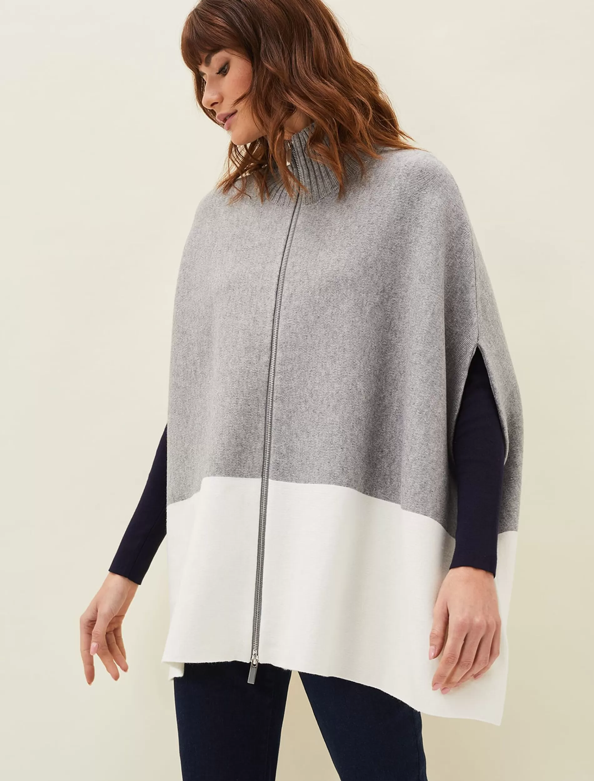 Phase Eight Leaha Colourblock Double Ended Zip Cape Ivory/Grey Best