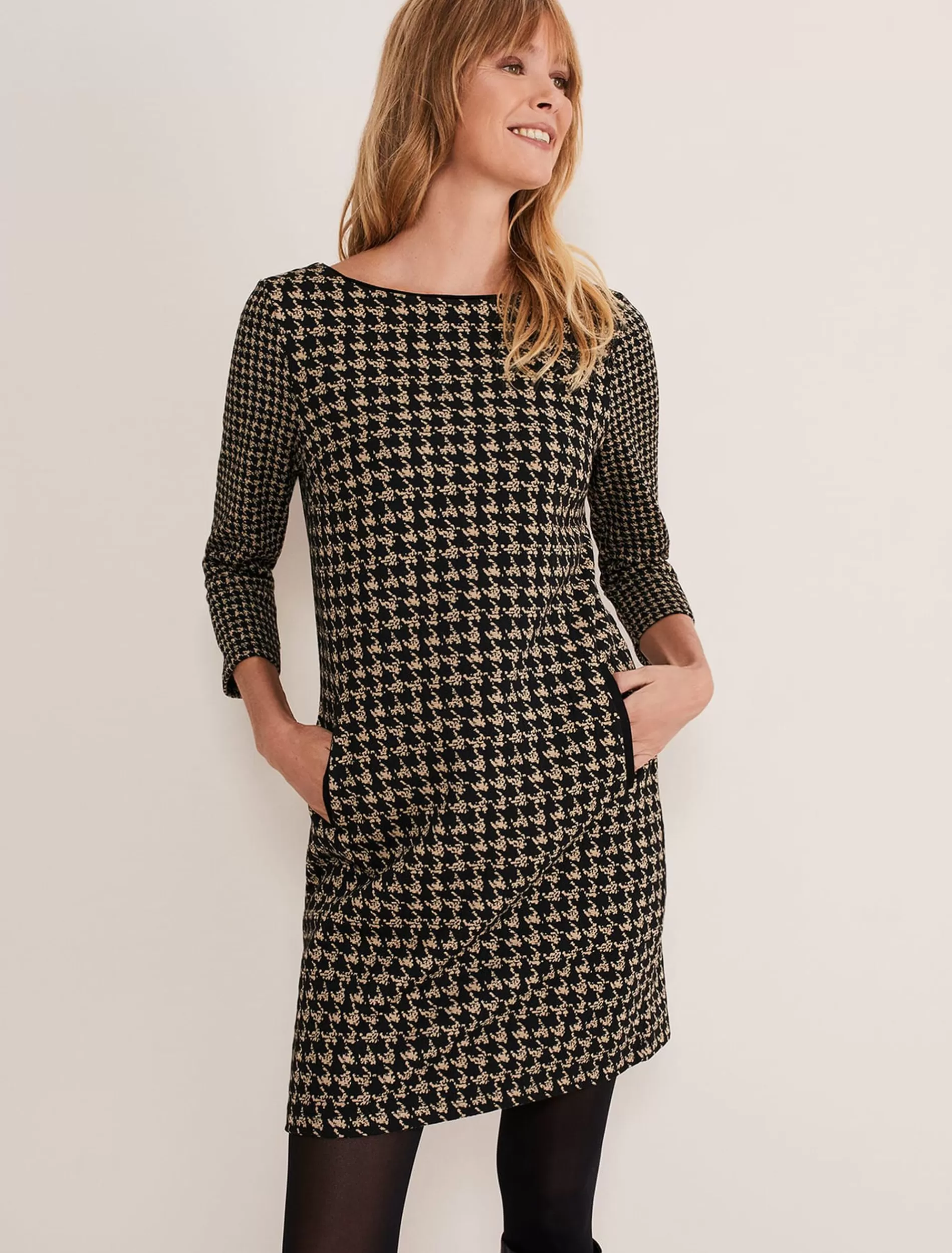 Phase Eight Lenia Check Dress Black/Camel Clearance