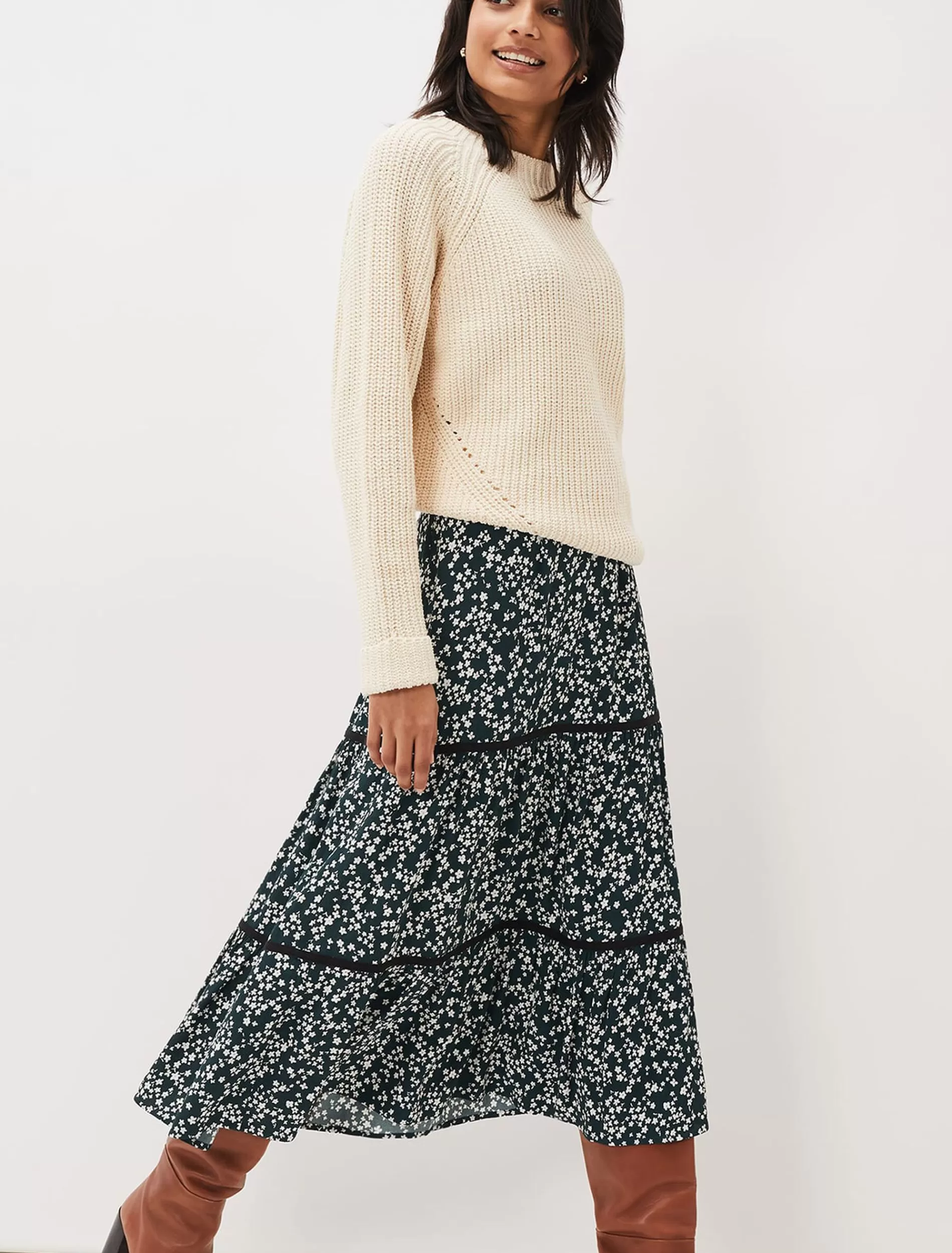 Phase Eight Lennox Ditsy Print Tiered Maxi Skirt Green Hot
