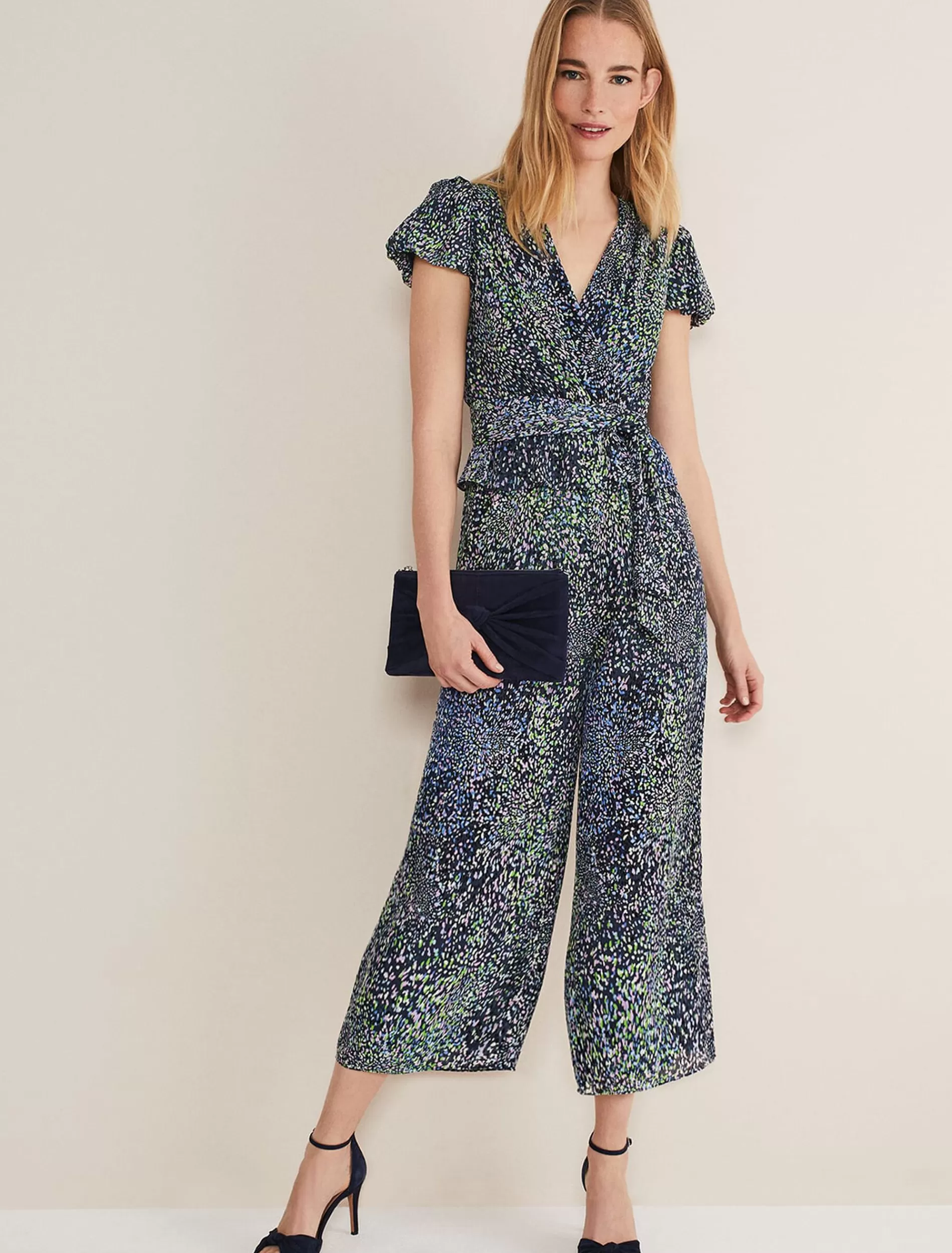 Phase Eight Leora Wrap Printed Plisse Jumpsuit Navy/Multi Cheap
