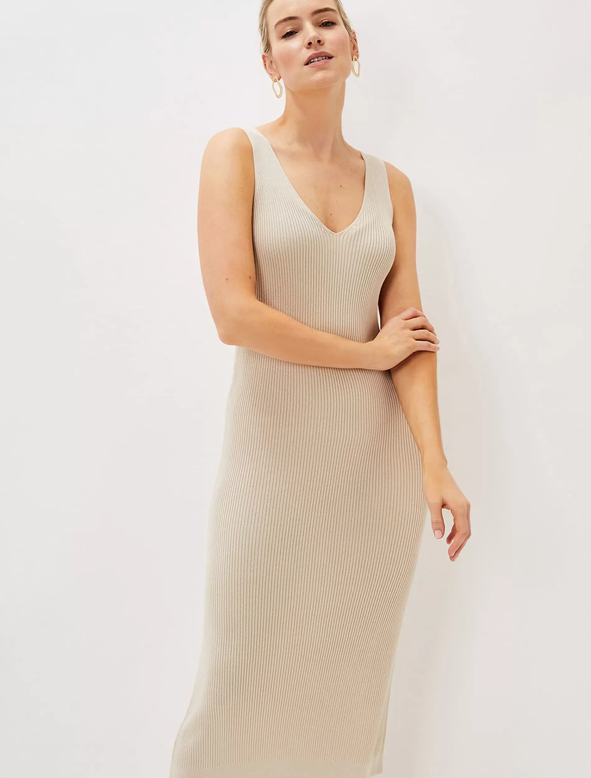 Phase Eight Lindan Ribbed Knit Midi Dress Stone Fashion