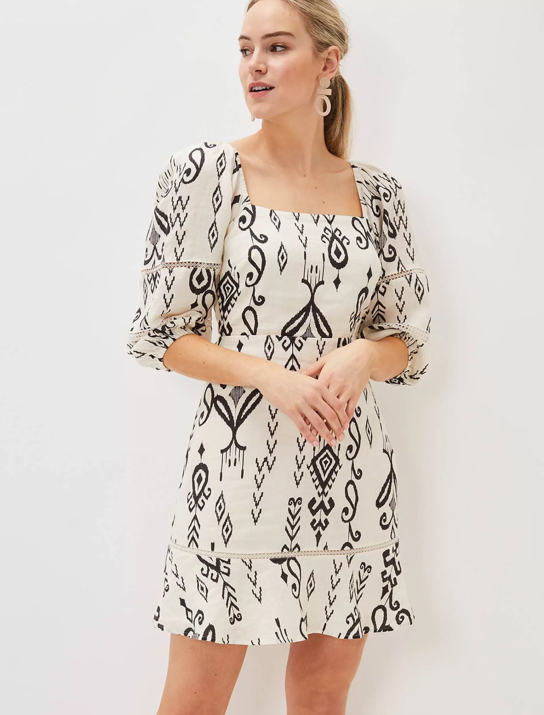 Phase Eight Linen Ikat Print A-Line Dress Ivory/Black New