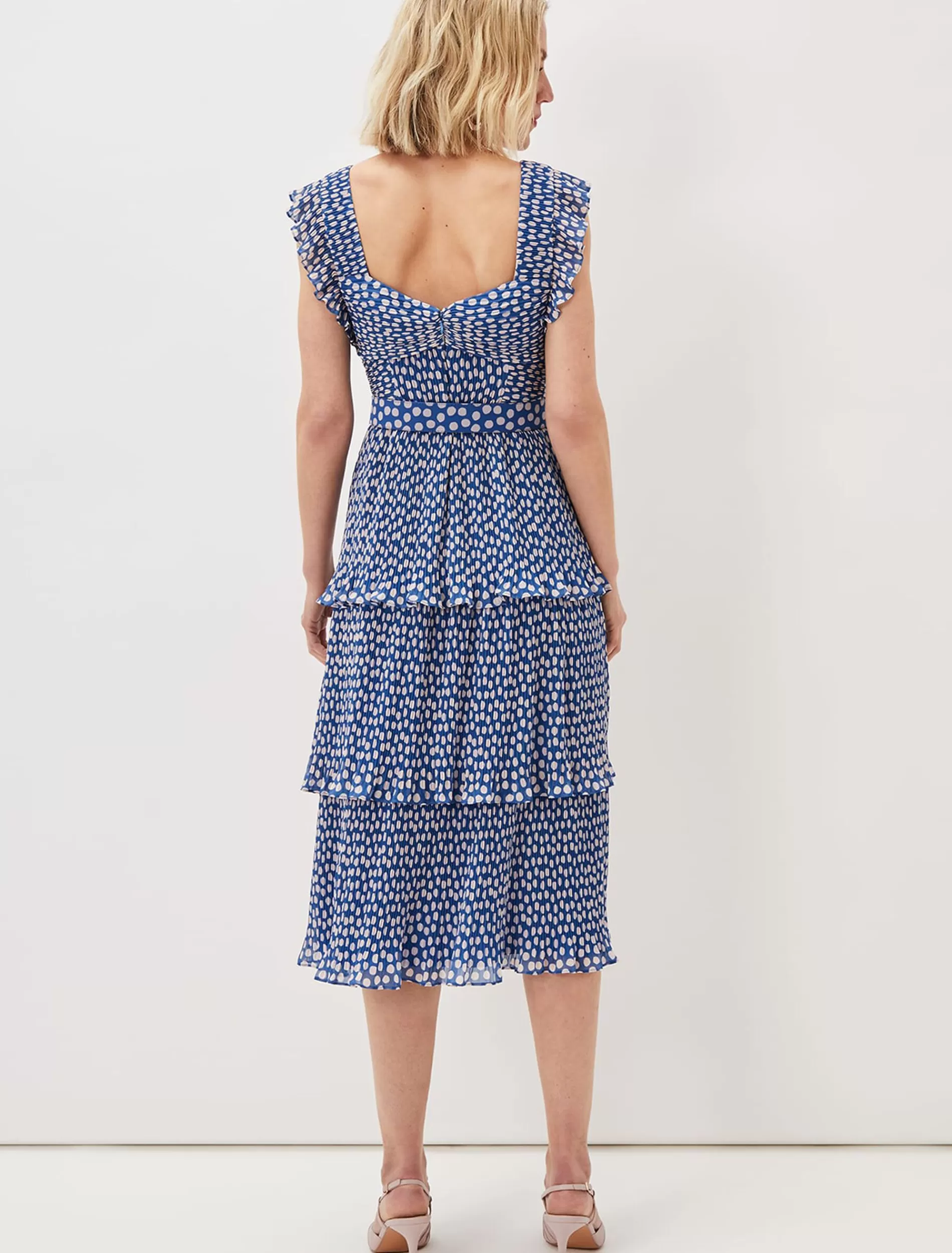 Phase Eight Lisha Spot Pleated Tiered Midi Dress Blue/Cream New