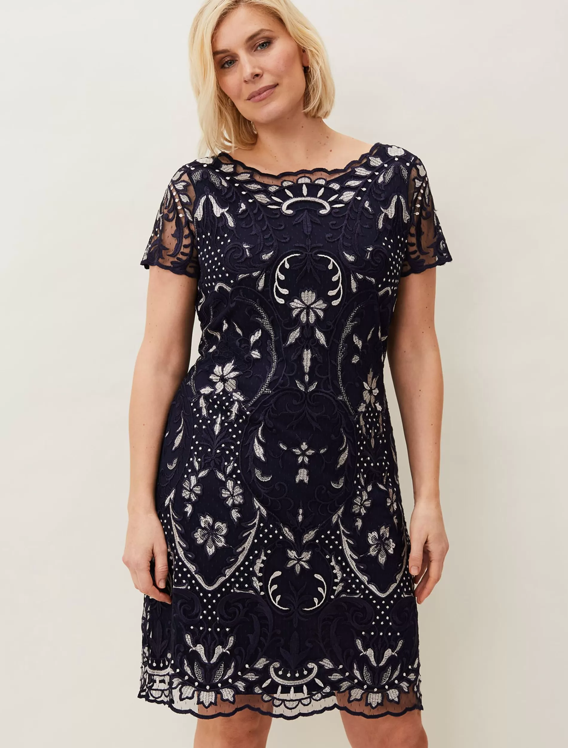 Phase Eight Lizzy Embroidered Dress Navy/Ivory New