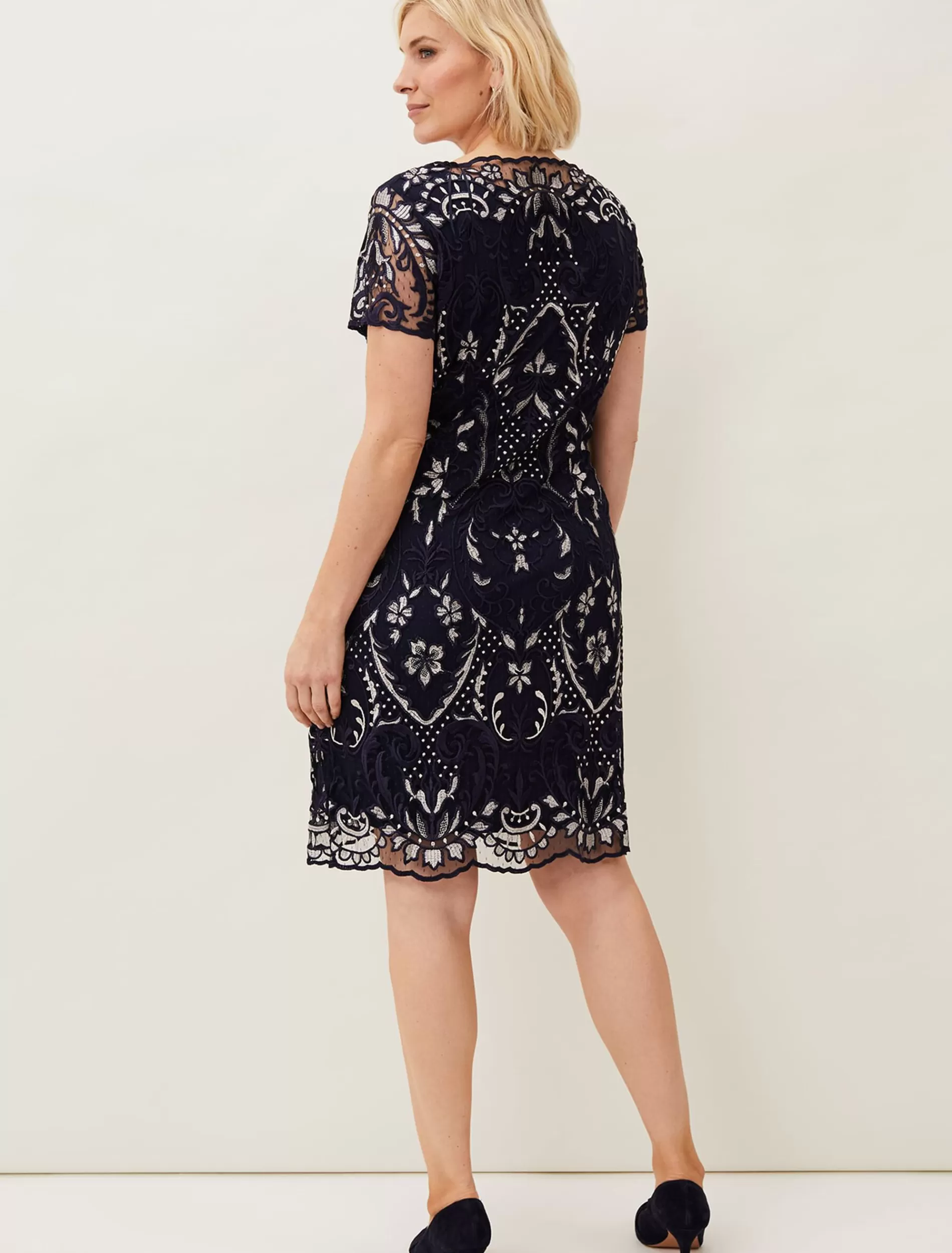 Phase Eight Lizzy Embroidered Dress Navy/Ivory New