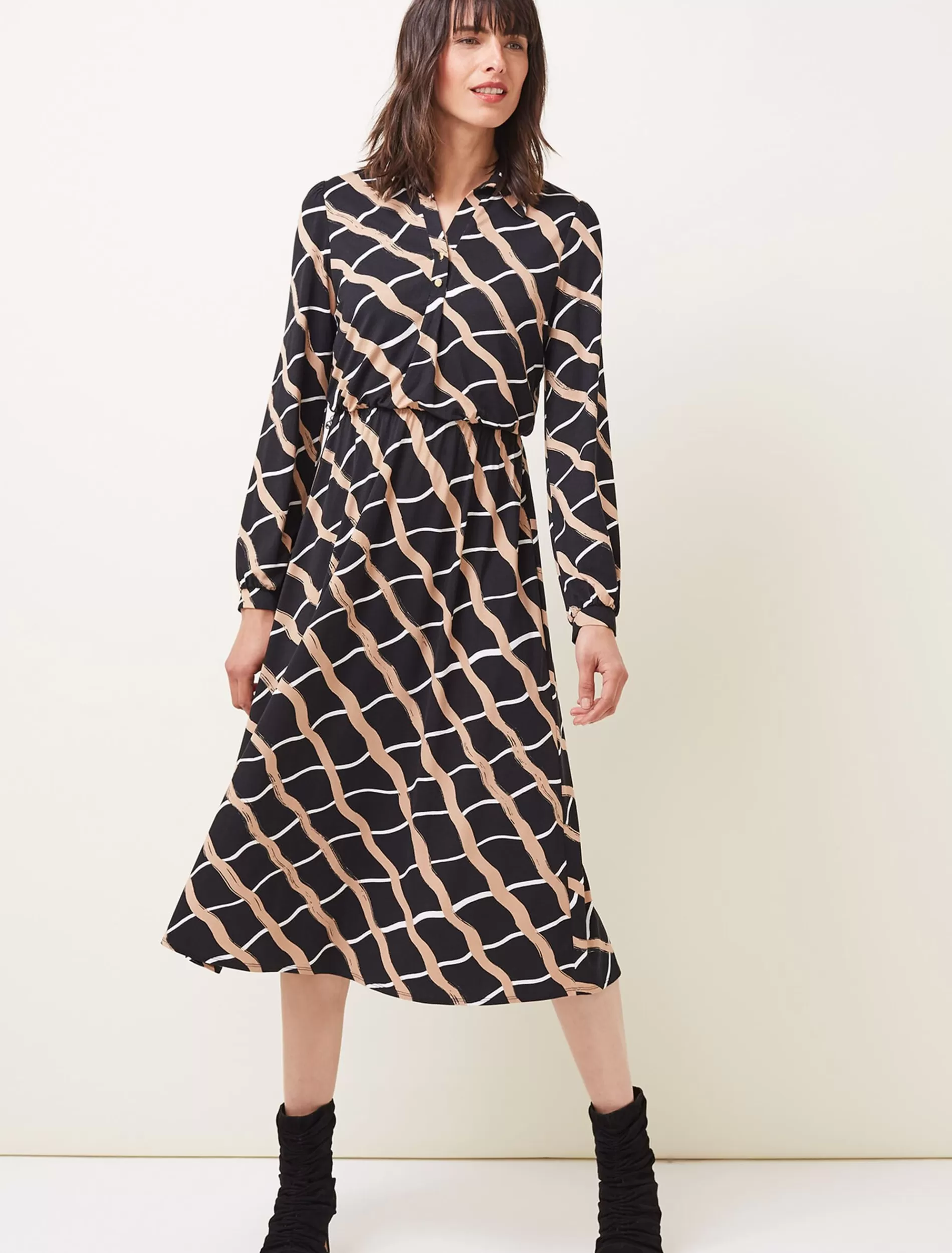 Phase Eight Loren Check Shirt Dress Black/Camel Clearance