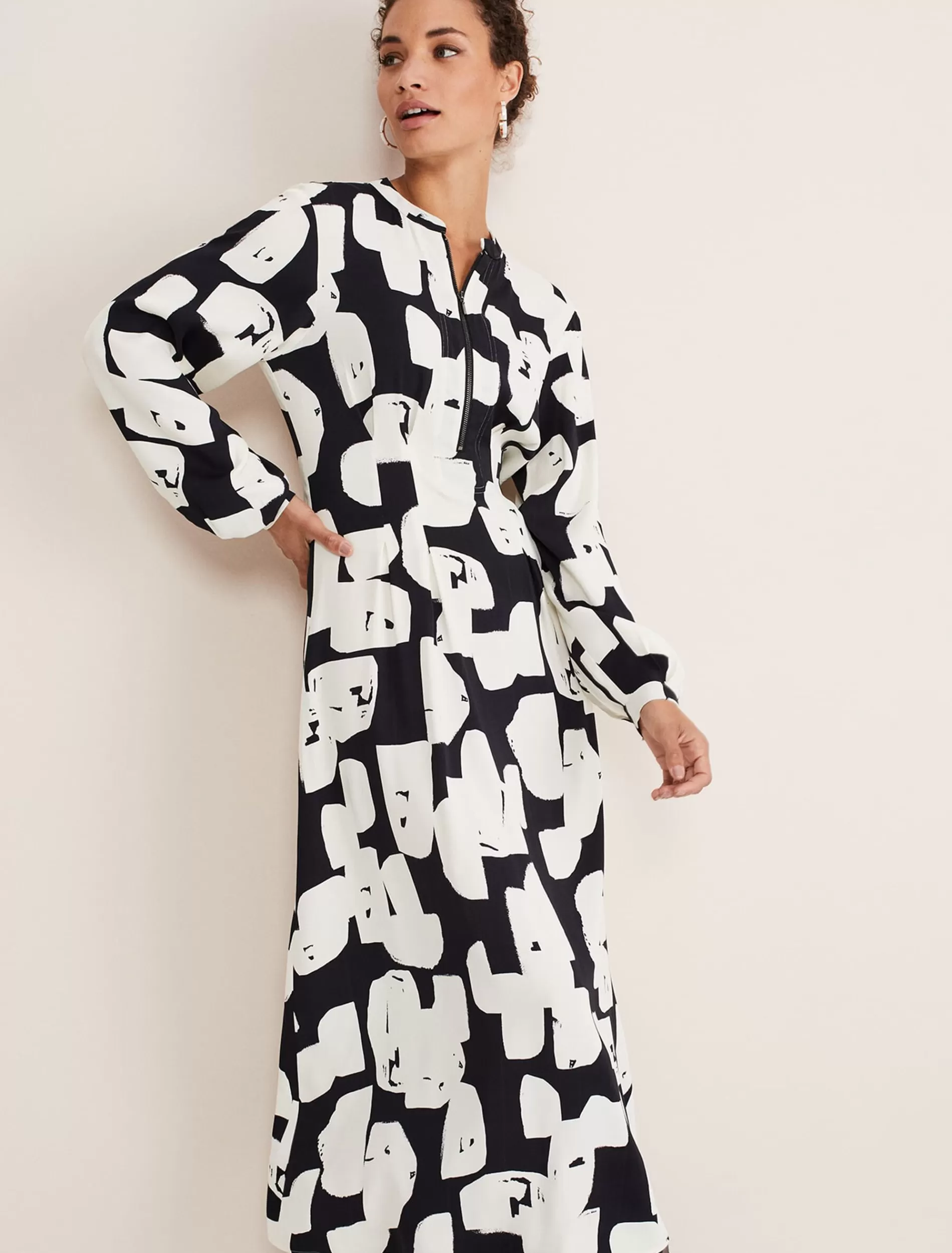 Phase Eight Luana Geo Zip Front Midi Dress Ivory/Black New
