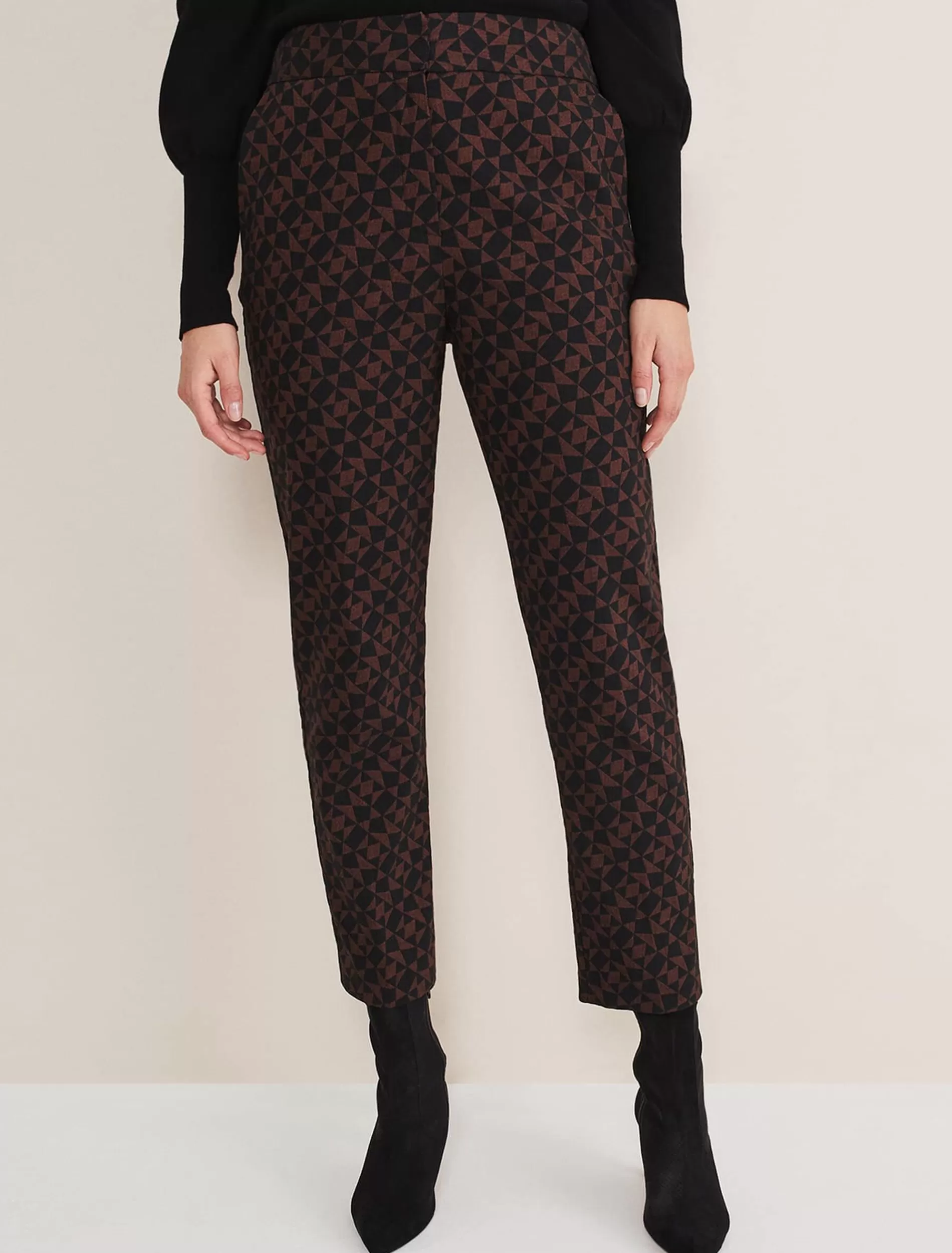 Phase Eight Mackenzie Geo Jacquard Tapered Trouser Black/Chocolate New
