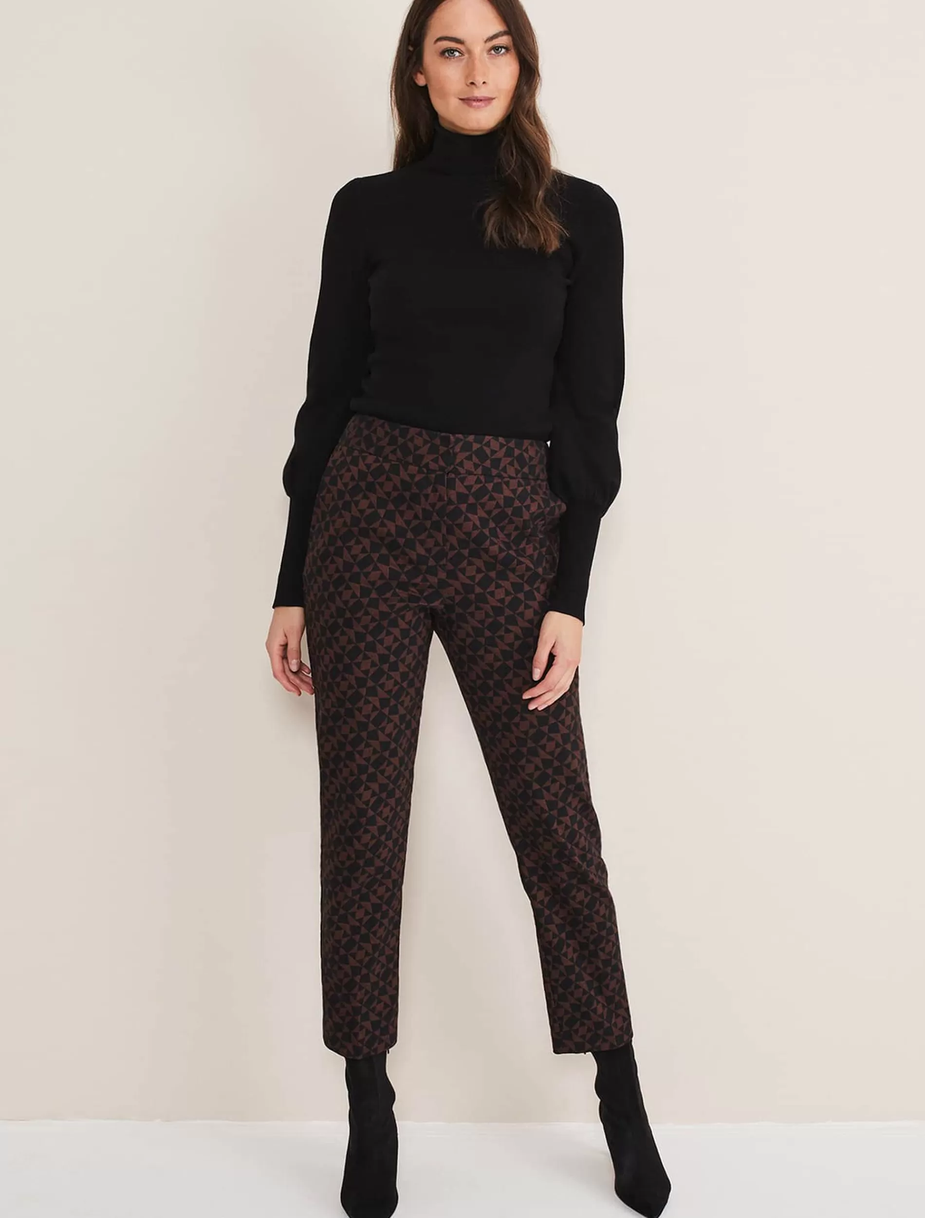 Phase Eight Mackenzie Geo Jacquard Tapered Trouser Black/Chocolate New
