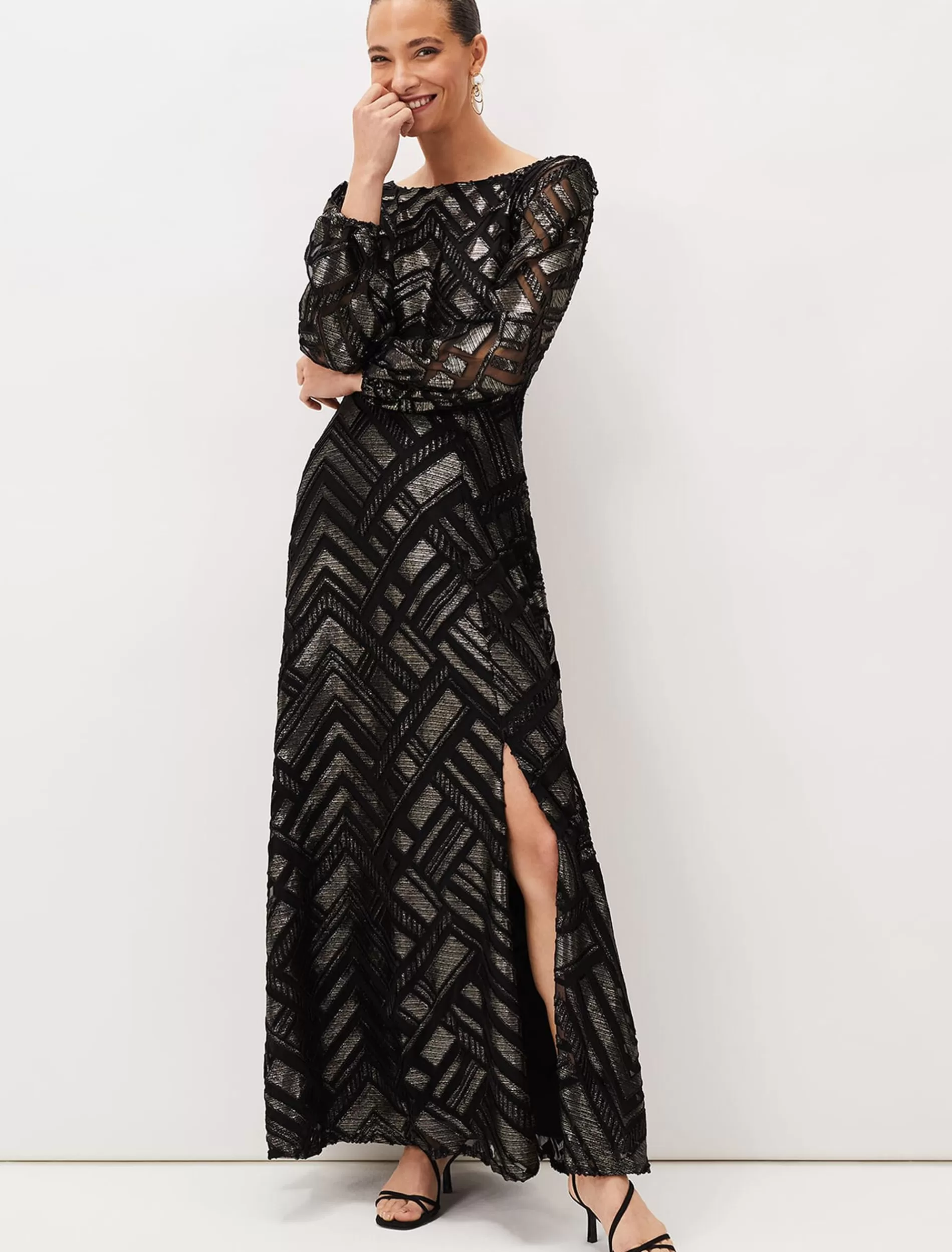 Phase Eight Madeliene Chevron Maxi Dress Black/Gold Sale