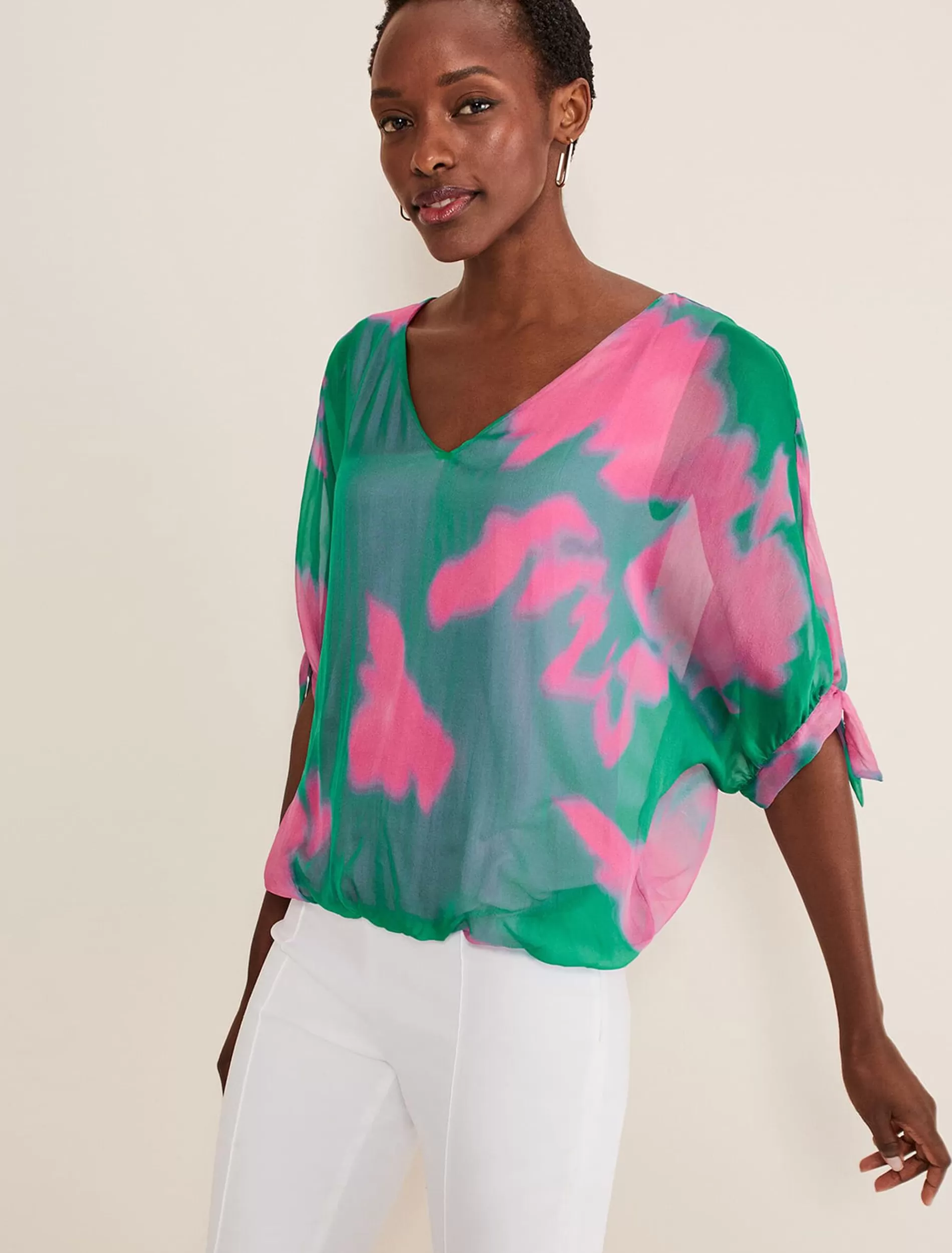 Phase Eight Madison Silk Blouse Green/Pink Hot