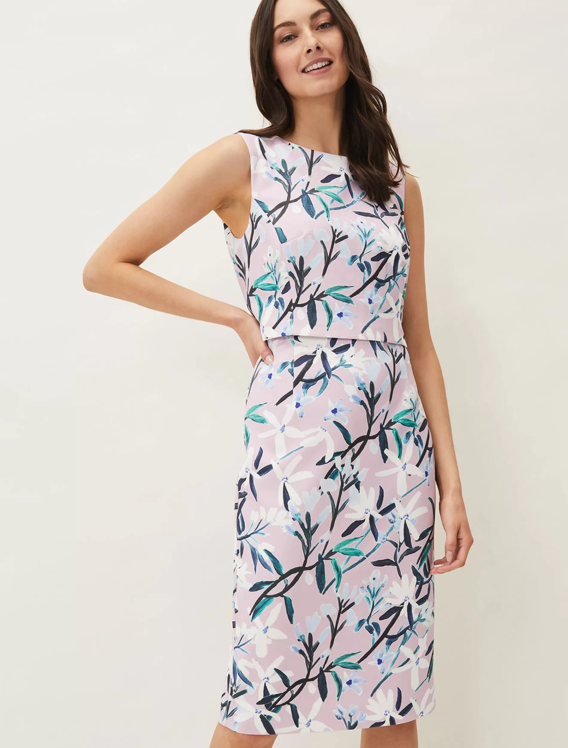Phase Eight Magnolia Floral Sleeveless Scuba Dress Frosted Heather Clearance