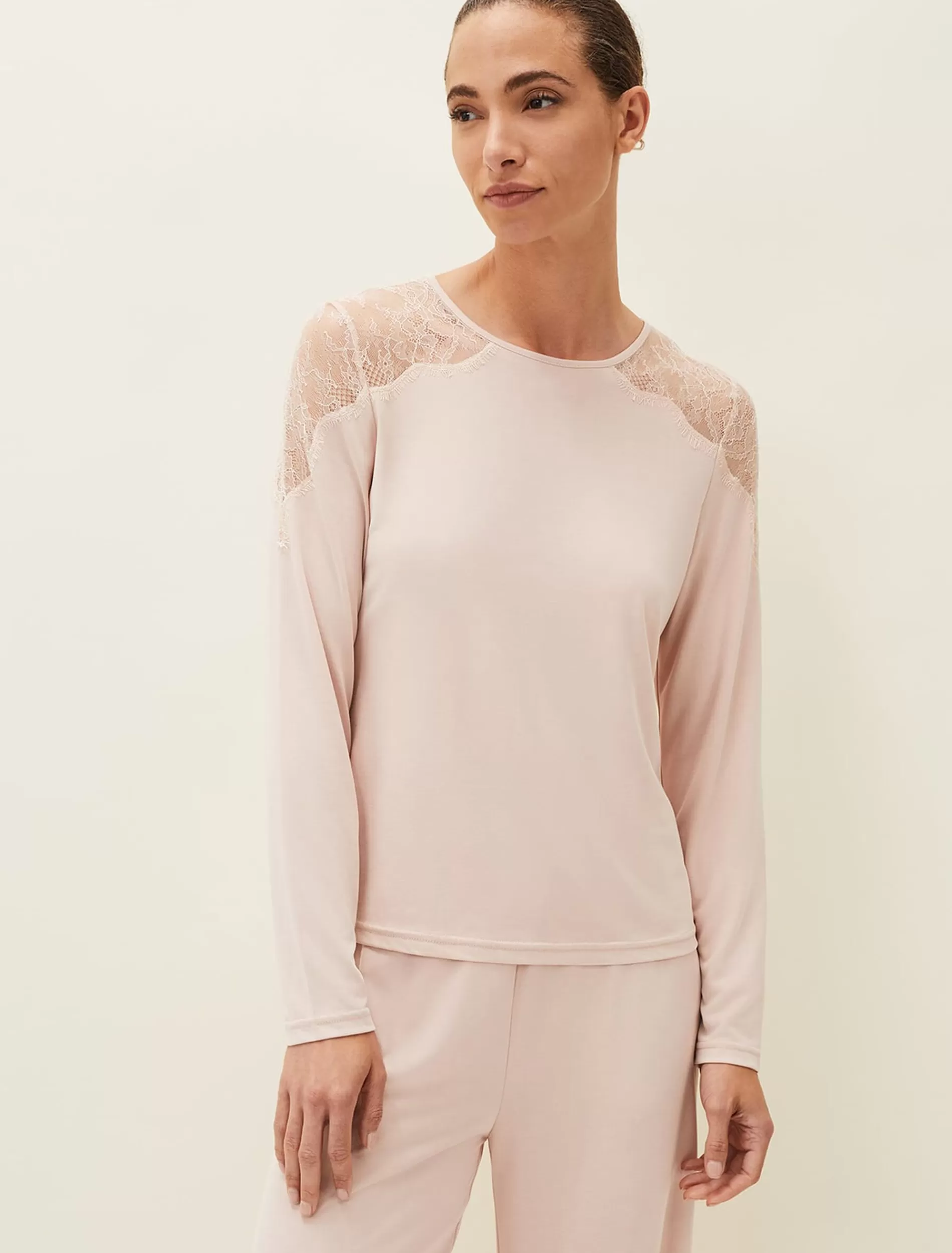 Phase Eight Marlie Lace Long Sleeved Pyjama Top Soft Pink Sale