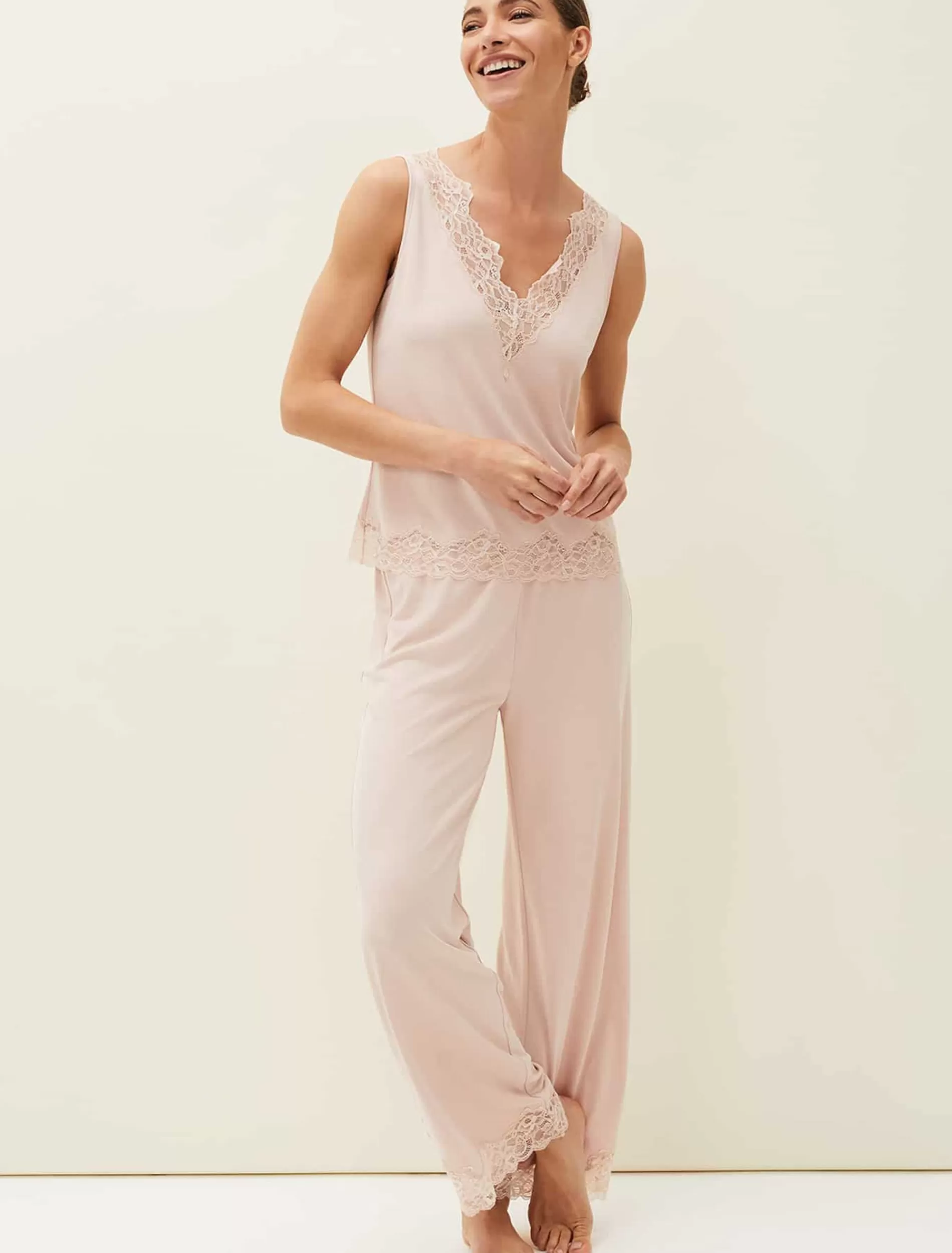 Phase Eight Marlie Lace Pyjama Wide Leg Trousers Soft Pink New