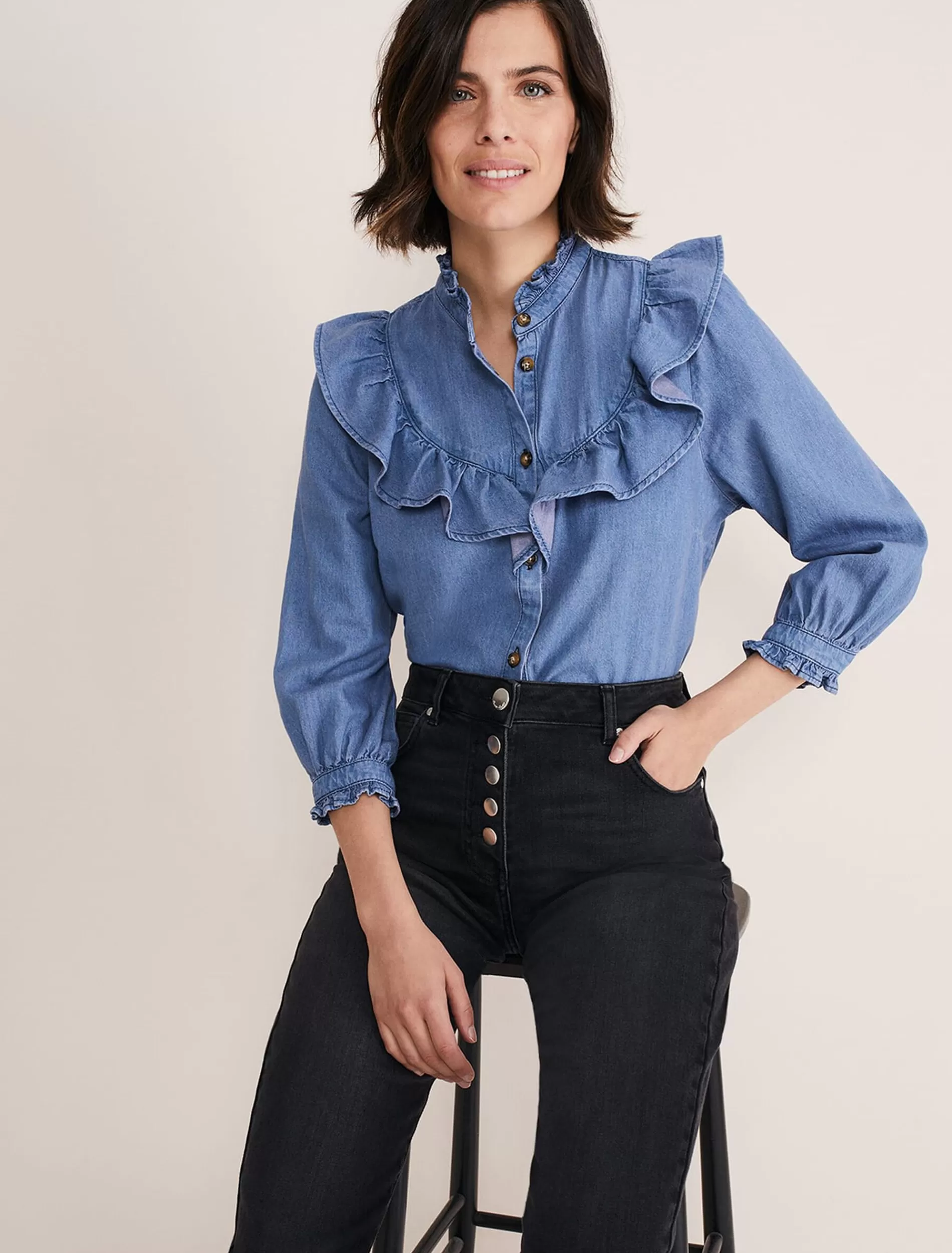 Phase Eight Maryam Ruffle Front Blouse Denim New