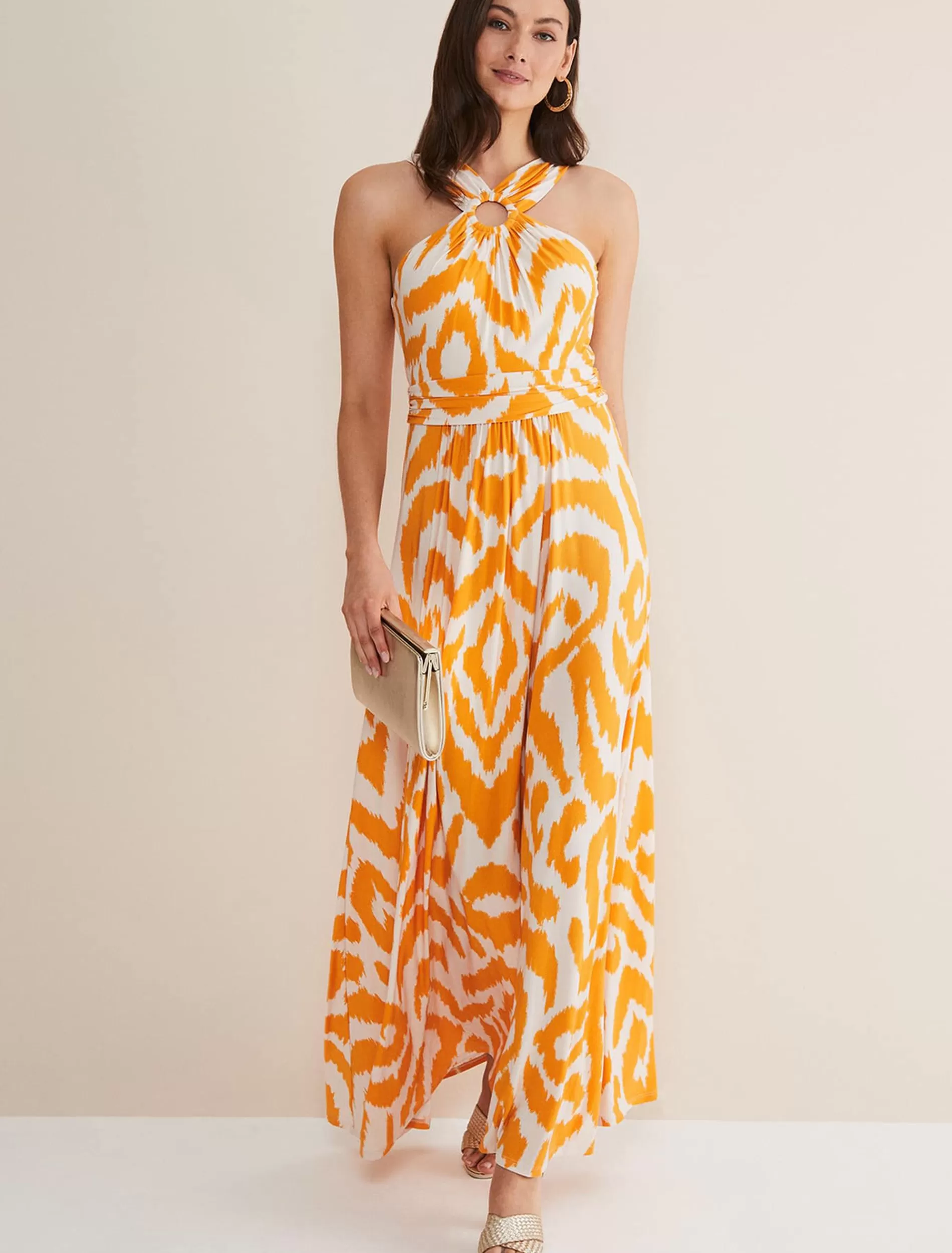 Phase Eight Maude Printed Jersey Maxi Dress Orange/Cream Outlet