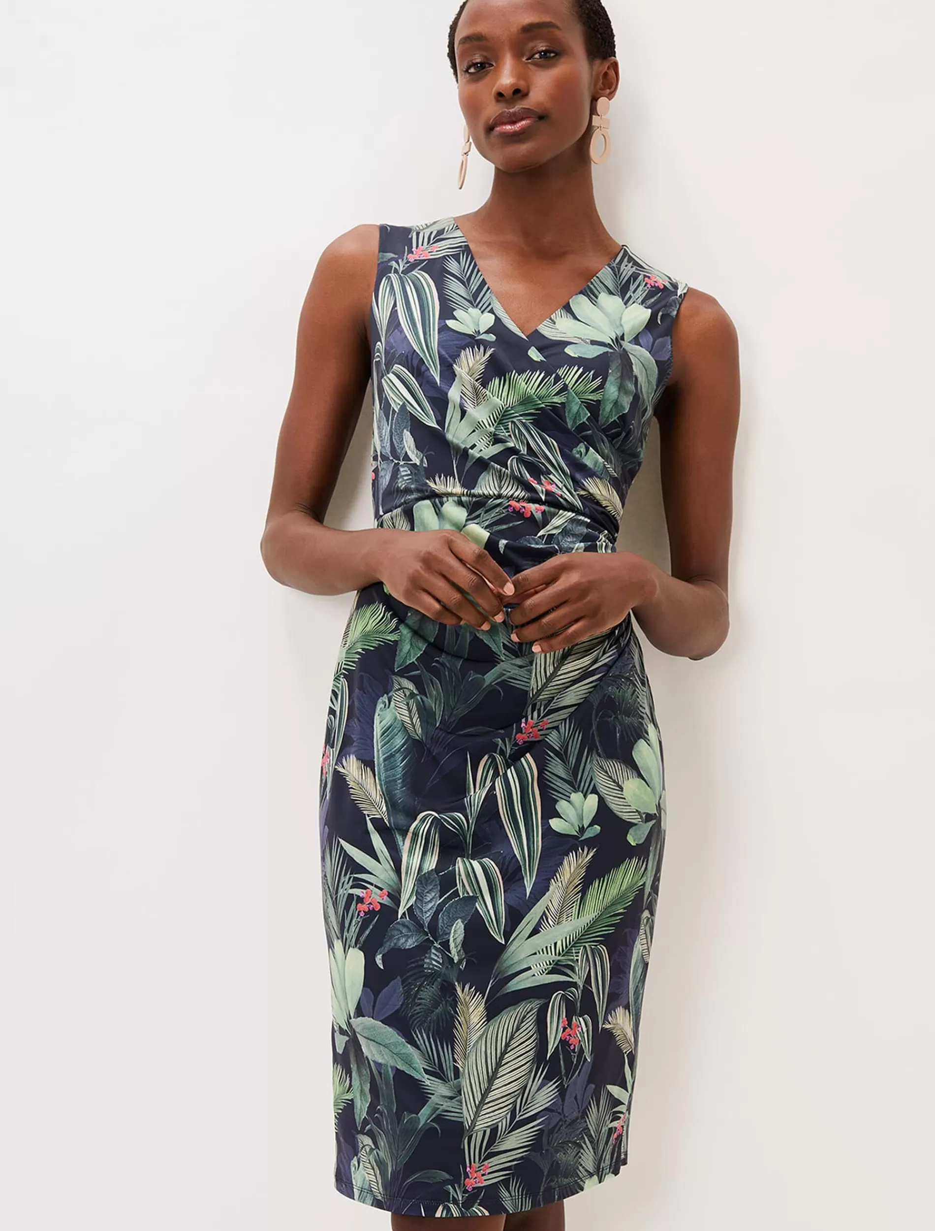 Phase Eight Maya Jersey Palm Print Midi Dress Navy Outlet