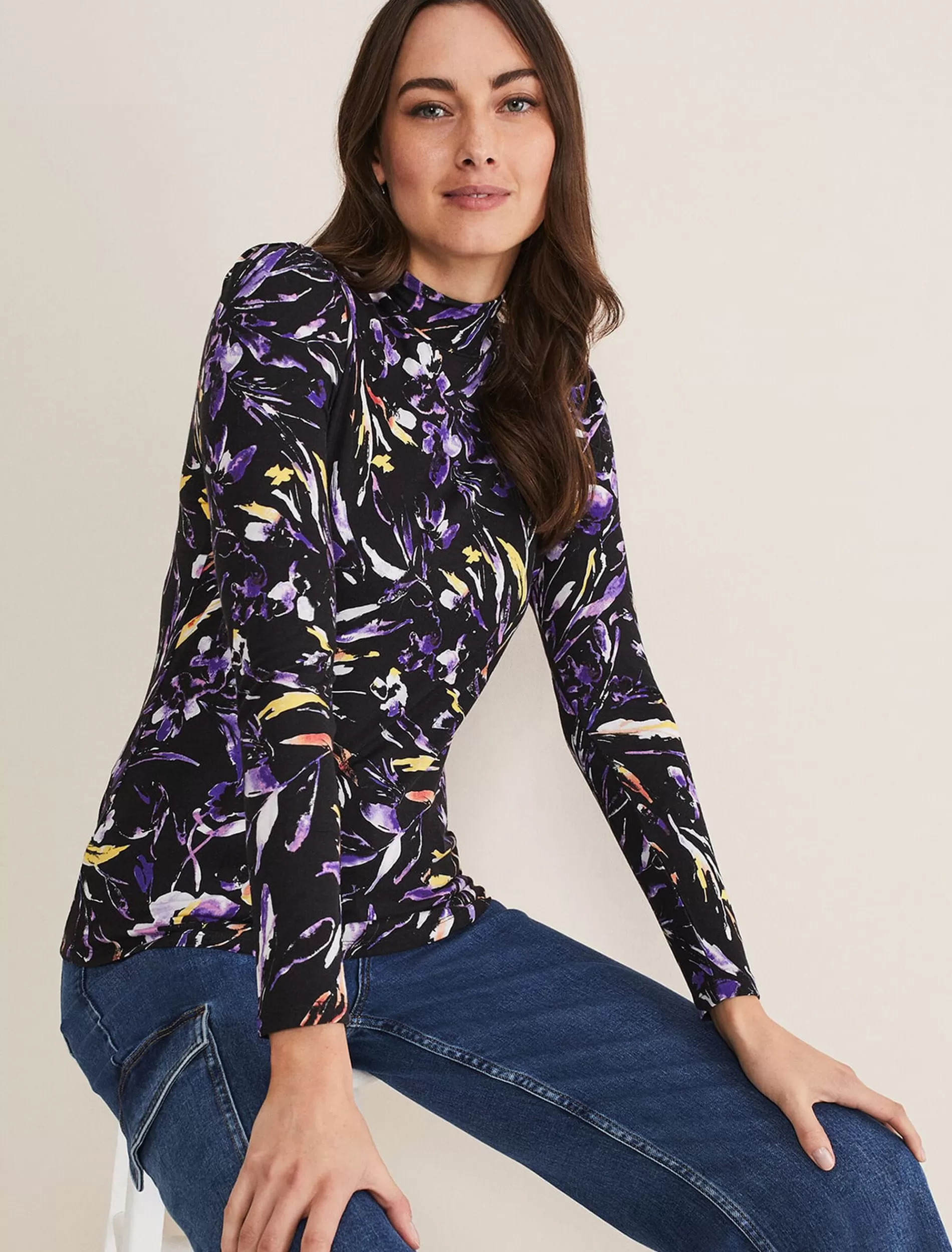 Phase Eight Mellanie Jersey Floral High Neck Top Black Flash Sale
