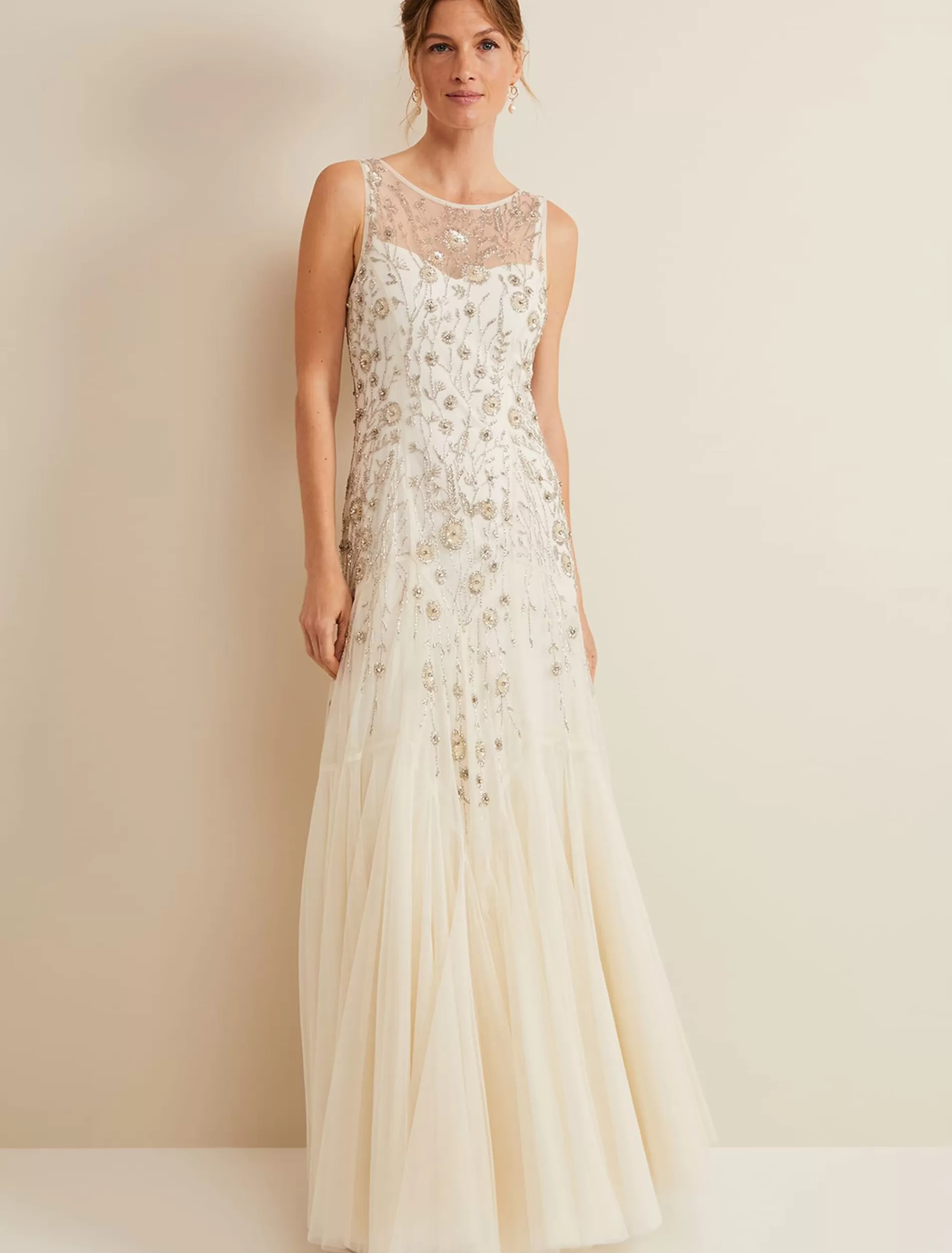 Phase Eight Milana Beaded Tulle Maxi Wedding Dress Parchment Discount