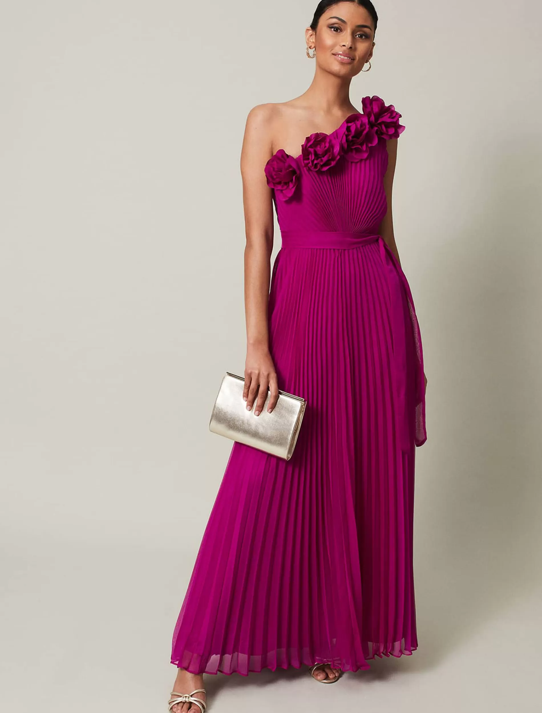 Phase Eight Minnie One Shoulder Pleated Maxi Dress Magenta Fashion
