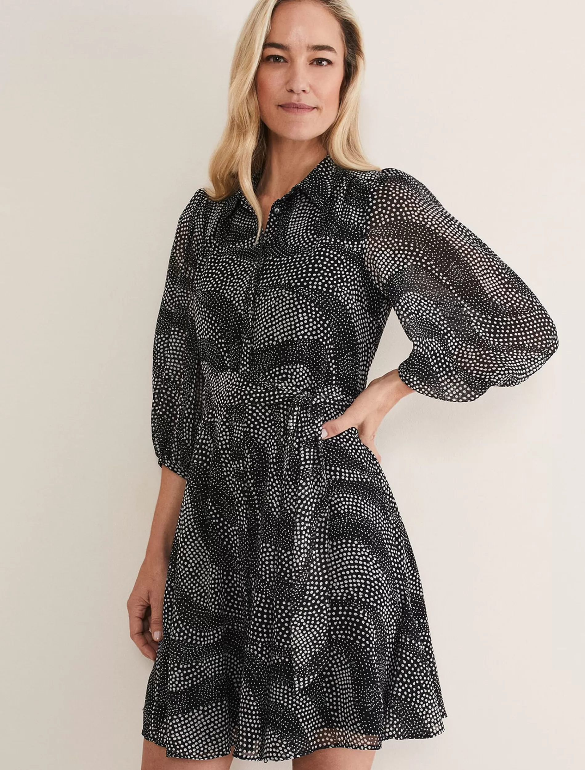 Phase Eight Miriam Chiffon Shirt Mini Dress Black/Ivory Store