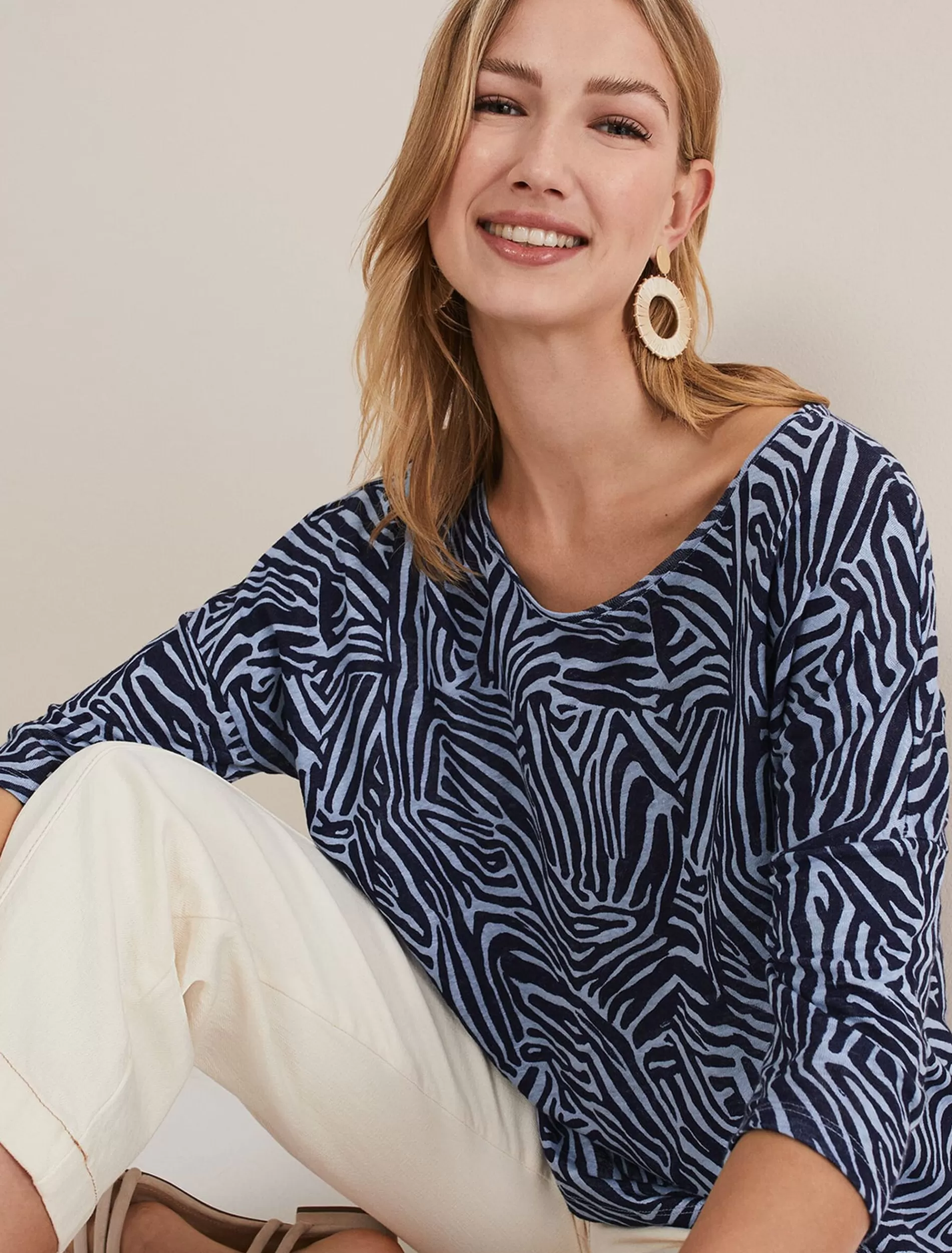 Phase Eight Moire Zebra Linen Top Blue Clearance