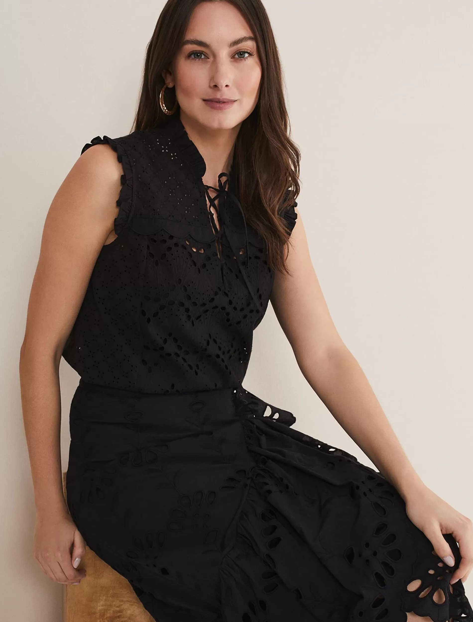 Phase Eight Mollie Broderie Sleeveless Blouse Black Outlet