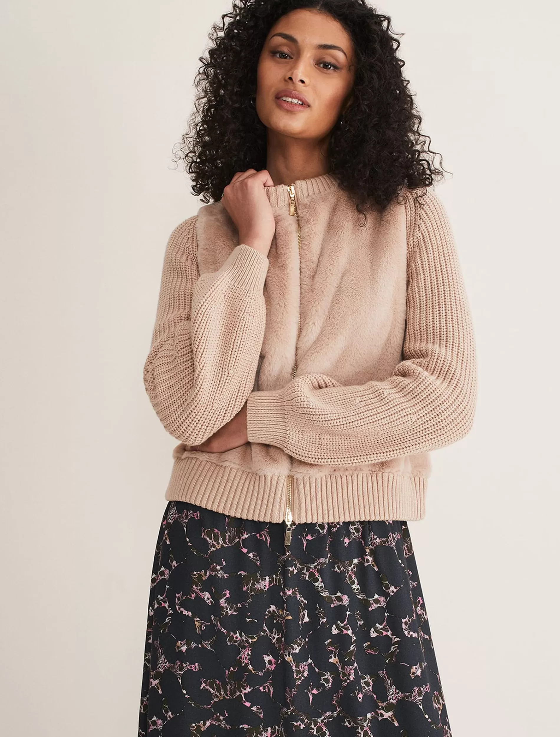 Phase Eight Myla Fur Body Knit Jacket Camel Store