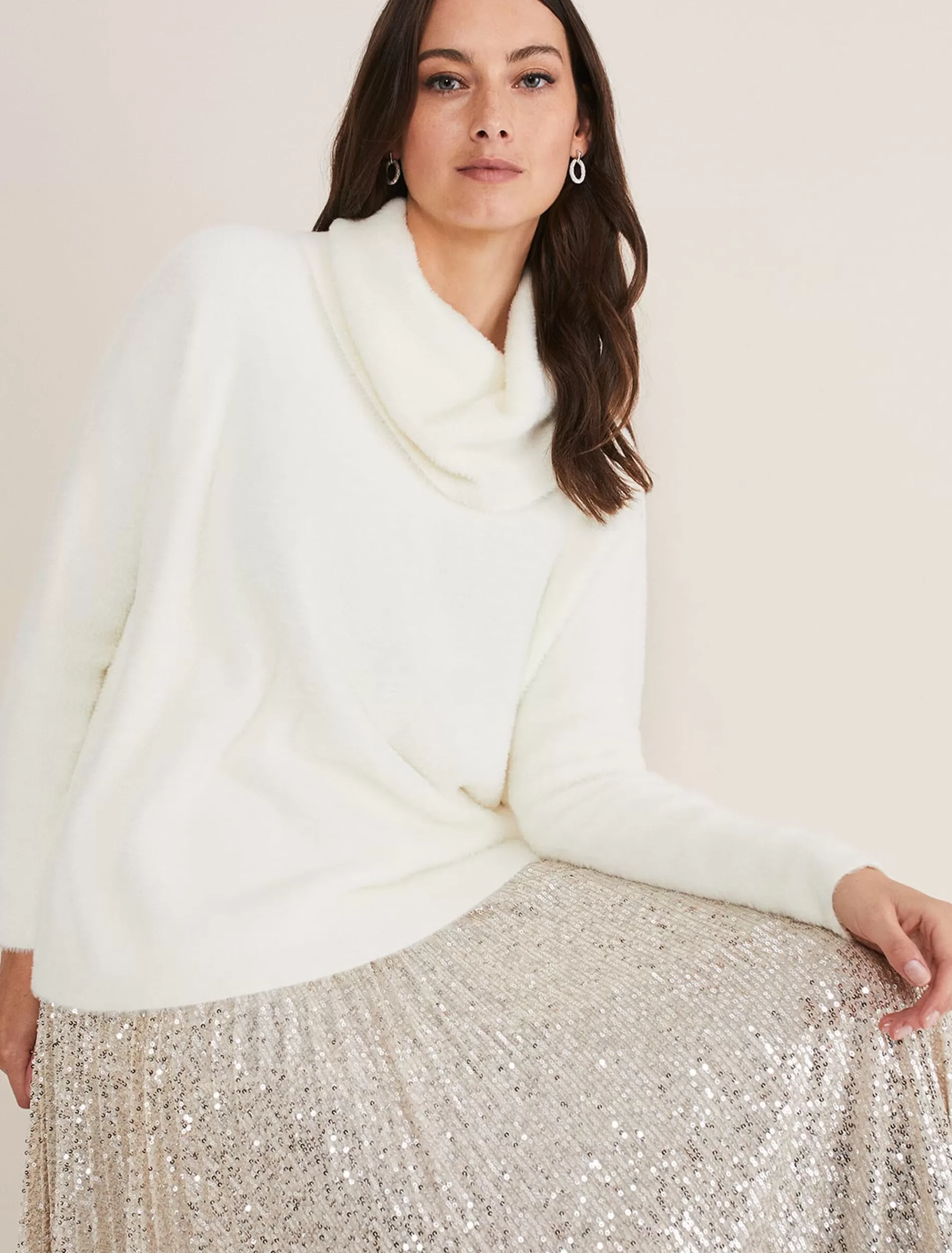 Phase Eight Natalia Fluffy Roll Neck Knit Winter White Fashion