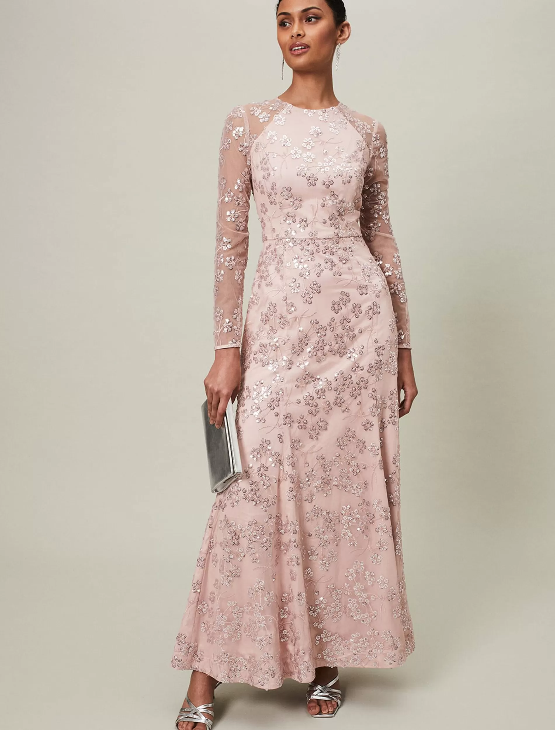 Phase Eight Natalya Sequin Floral Maxi Dress Pink Clearance