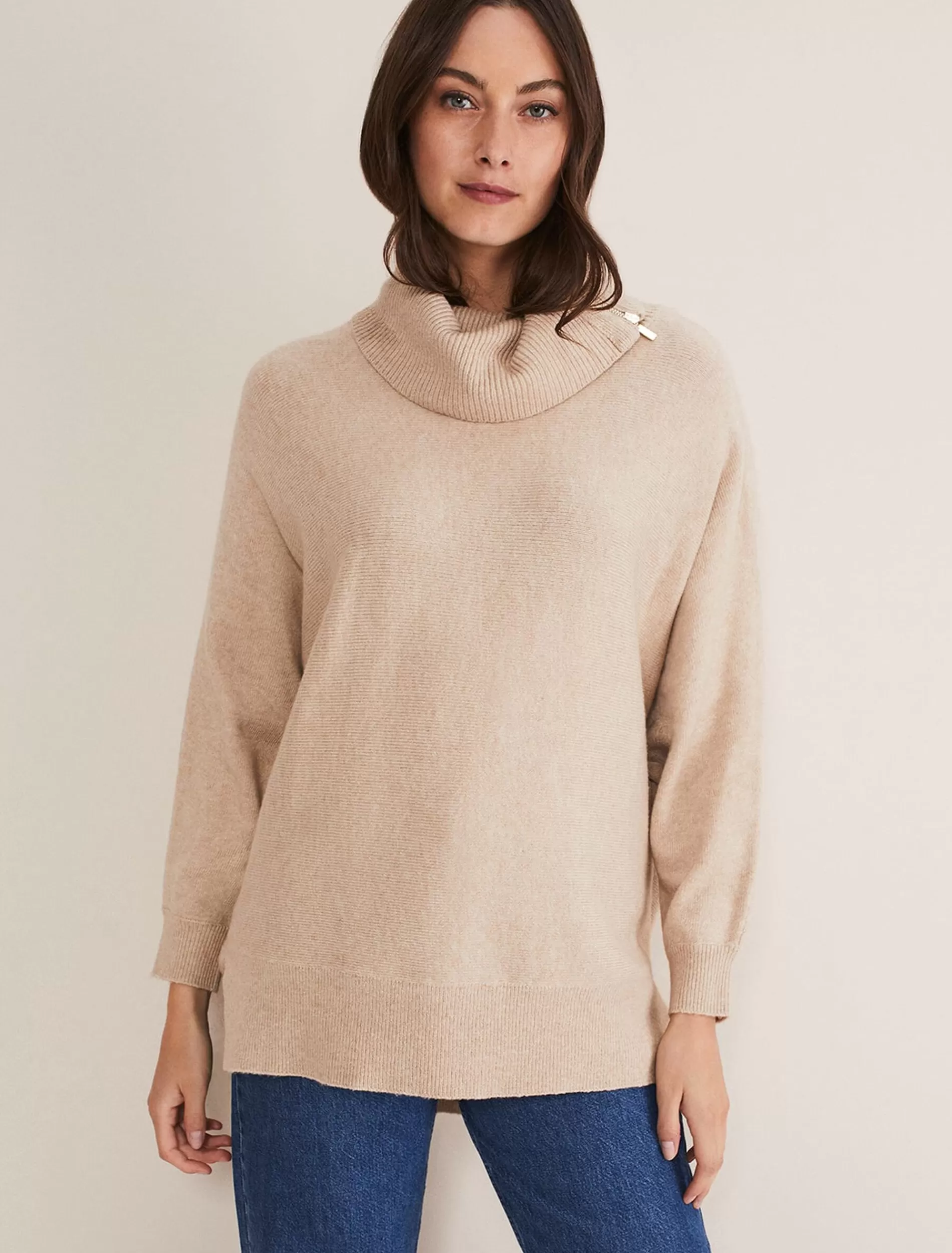Phase Eight Nola Zip Neck Chunky Relaxed Knit Oatmeal Best