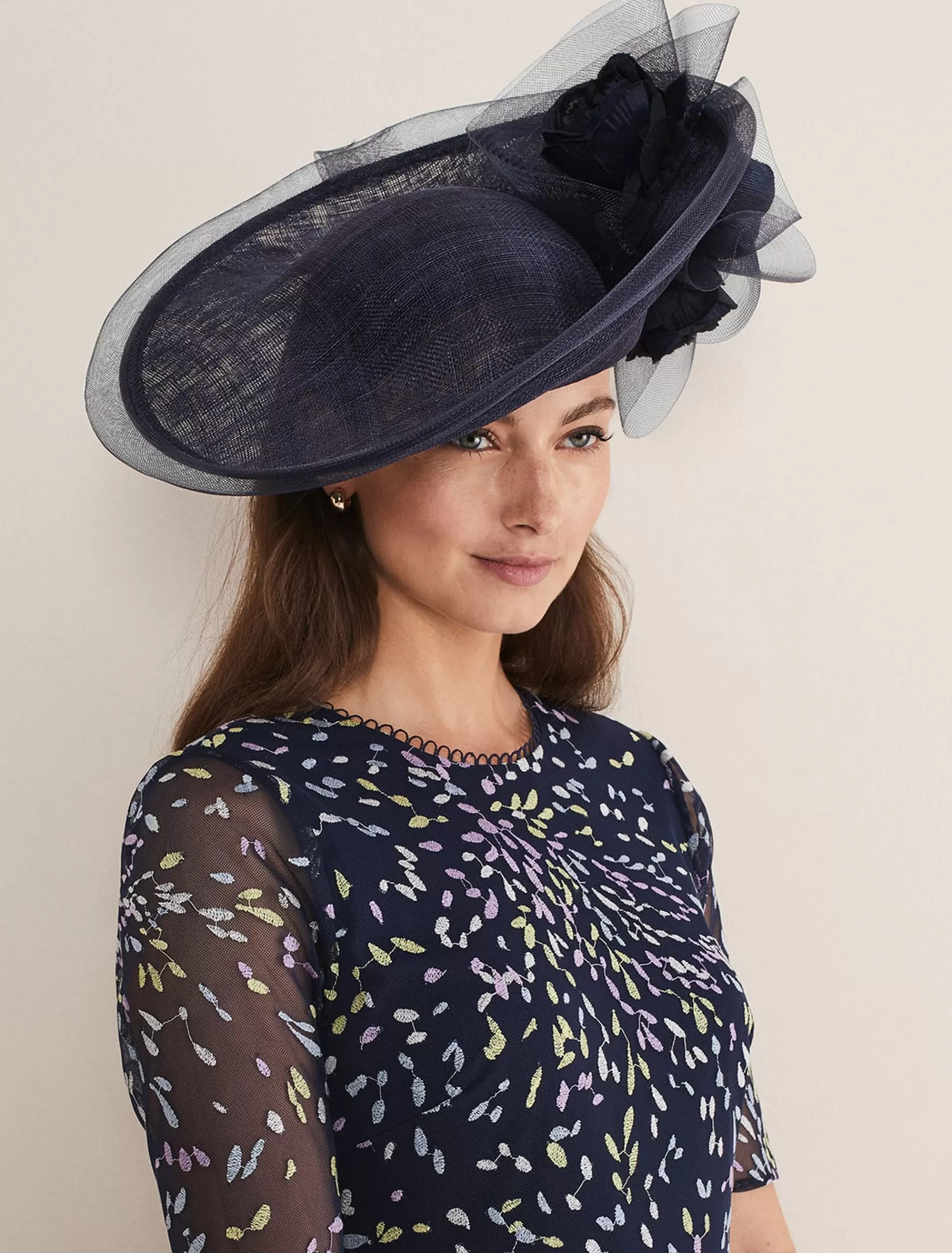 Phase Eight Oversized Floral Under Brim Fascinator French Navy New